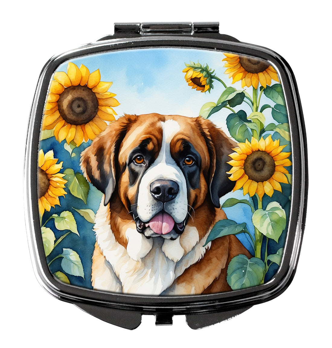 Saint Bernard in Sunflowers Compact Mirror Decorative Travel Makeup Mirror for Women Girls Gifts Pocket Makeup Mirror Folding Handheld
