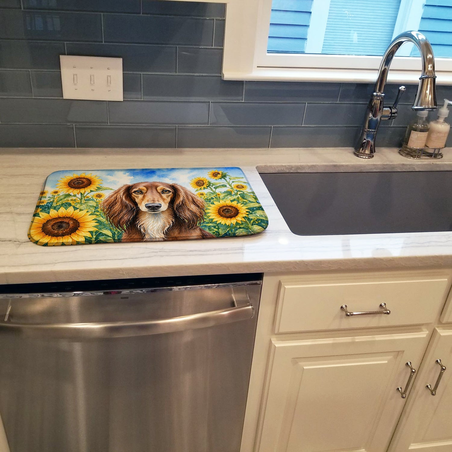 Saluki in Sunflowers Dish Drying Mat Absorbent Dish Drying Mat Pad for Kitchen Counter Dish Drainer Mat for Countertop, 14 x 21", Multicolor