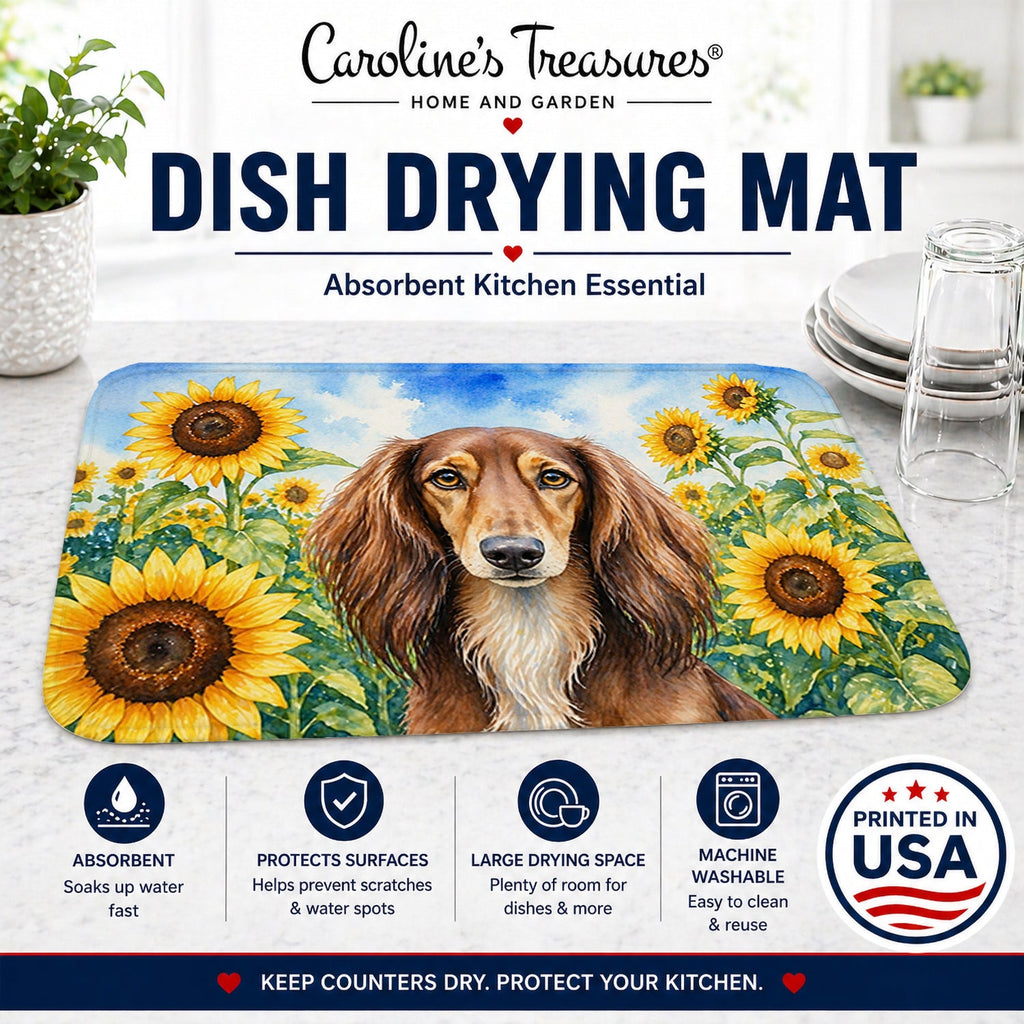 Saluki in Sunflowers Dish Drying Mat Absorbent Dish Drying Mat Pad for Kitchen Counter Dish Drainer Mat for Countertop, 14 x 21", Multicolor