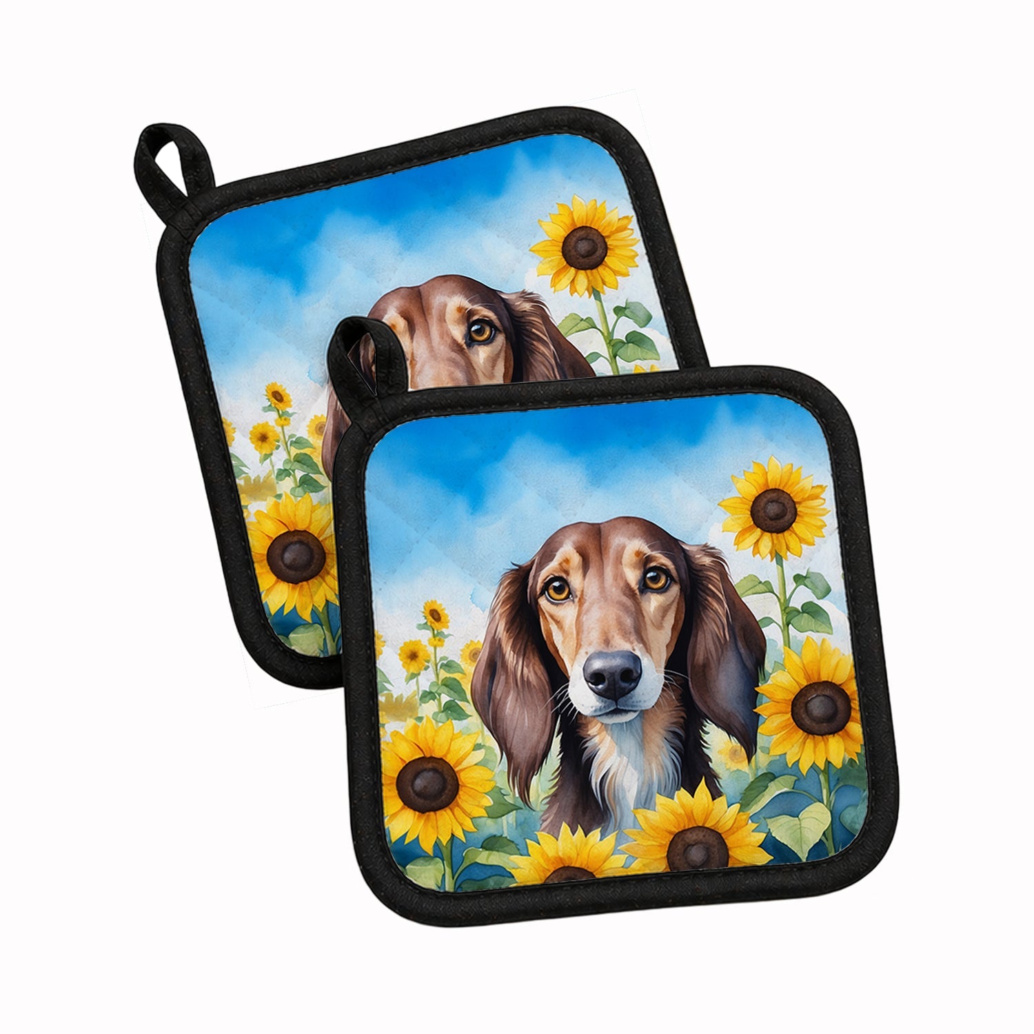 Saluki in Sunflowers Pot Holder Set of 2 Heat Resistant Quilted Hot Pads 7.5 x 7.5 Inch, Insulated Kitchen Trivets for Cooking & Baking