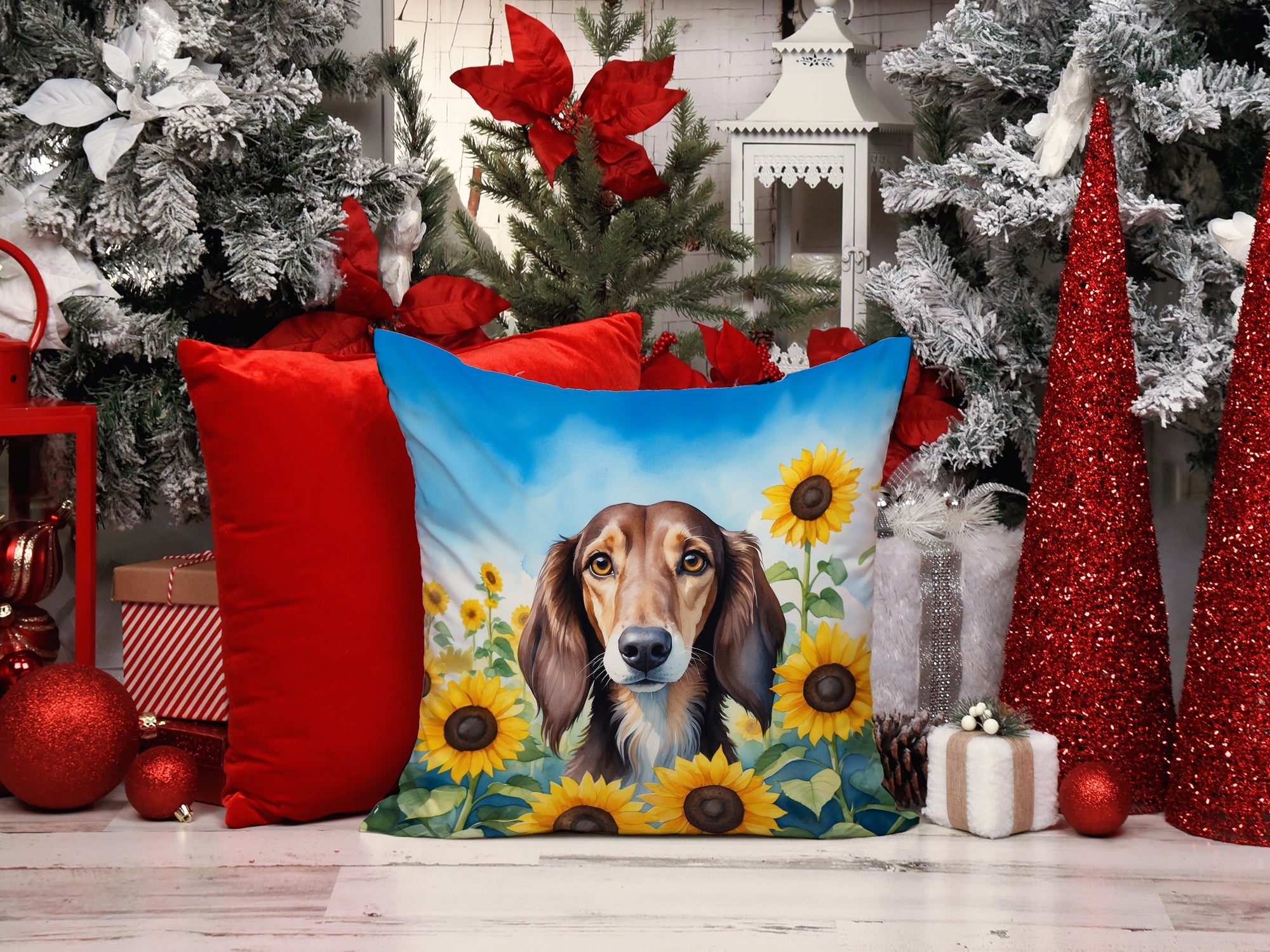 Saluki in Sunflowers Decorative Throw Pillow 14x14 Indoor Outdoor Accent Cushion, Fabric Cover with Insert for Sofa, Bed, Porch & Living Room