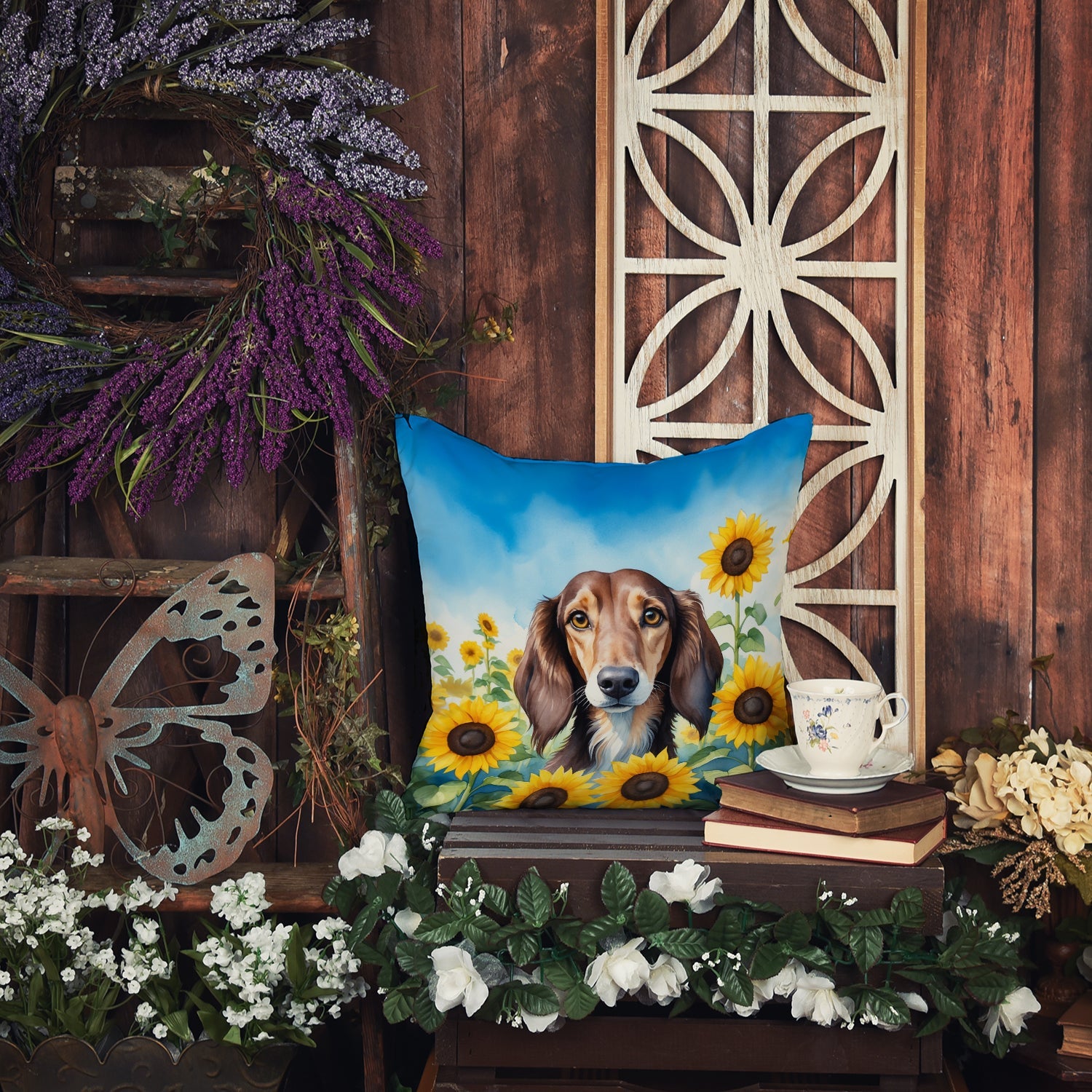 Saluki in Sunflowers Decorative Throw Pillow 18x18 Indoor Outdoor Accent Cushion, Fabric Cover with Insert for Sofa, Bed, Porch & Living Room