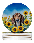 Saluki in Sunflowers Large Sandstone Coasters Pack of 4 Absorbent Round Coasters Decor Gifts for Men or Women, 4 in, Multicolor