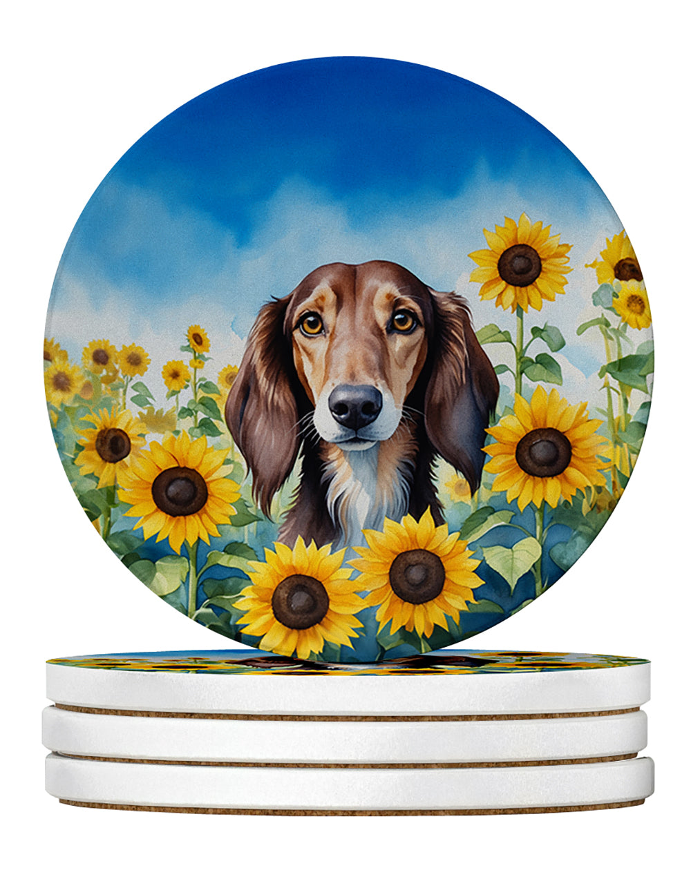 Saluki in Sunflowers Large Sandstone Coasters Pack of 4 Absorbent Round Coasters Decor Gifts for Men or Women, 4 in, Multicolor
