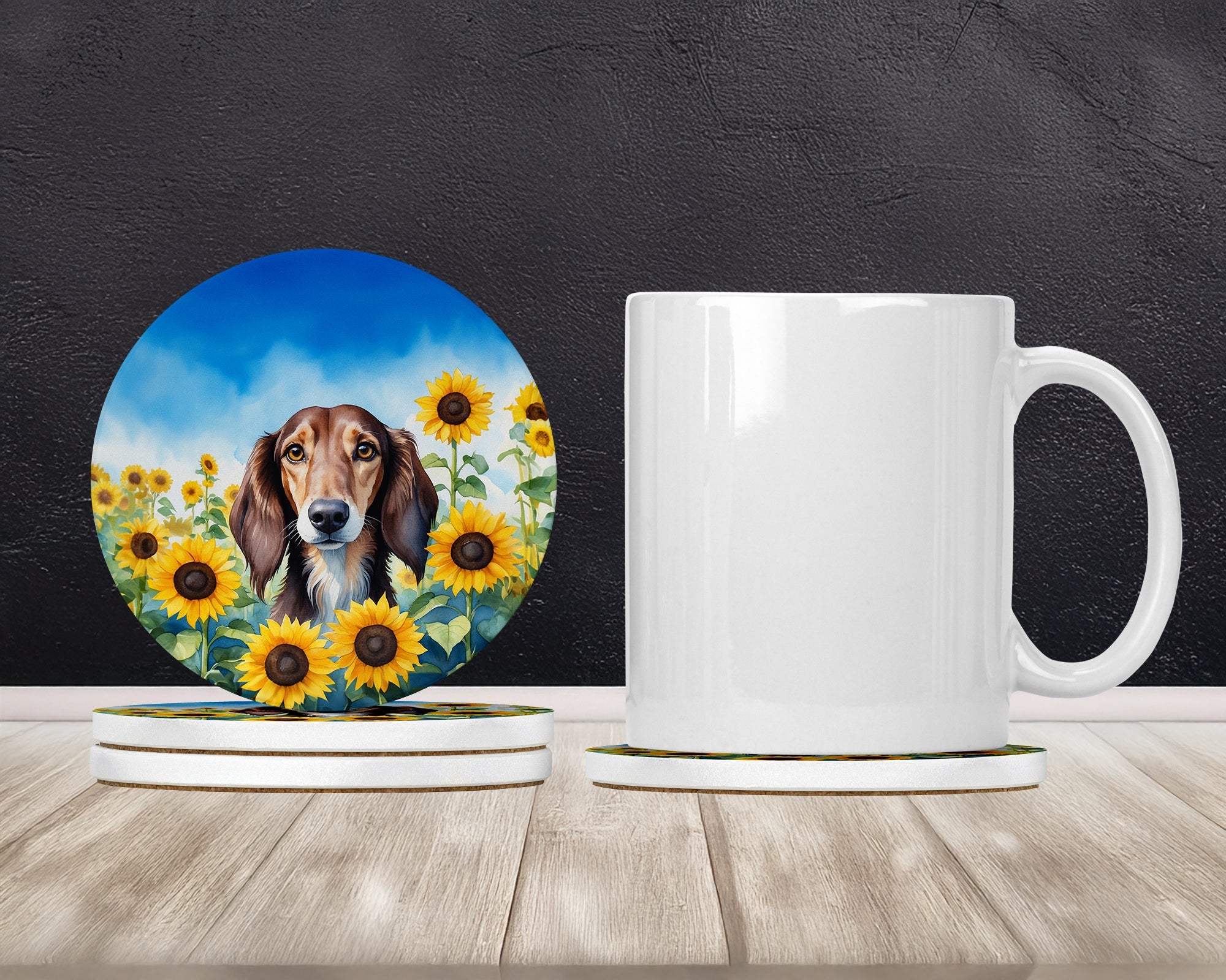 Saluki in Sunflowers Large Sandstone Coasters Pack of 4 Absorbent Round Coasters Decor Gifts for Men or Women, 4 in, Multicolor