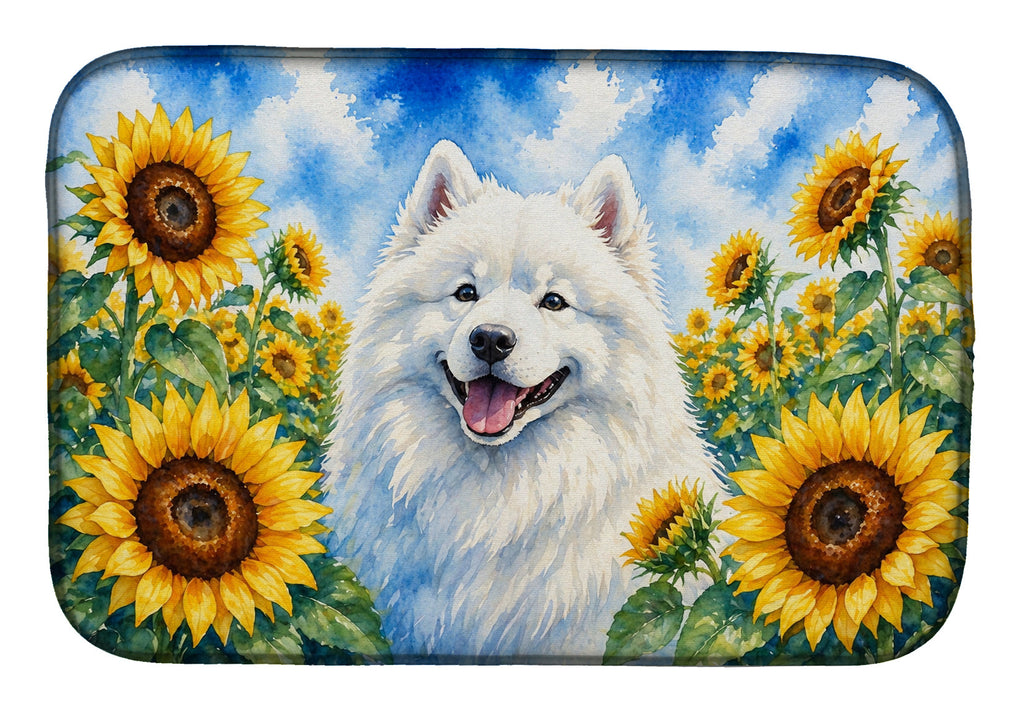 Samoyed in Sunflowers Dish Drying Mat Absorbent Dish Drying Mat Pad for Kitchen Counter Dish Drainer Mat for Countertop, 14 x 21", Multicolor
