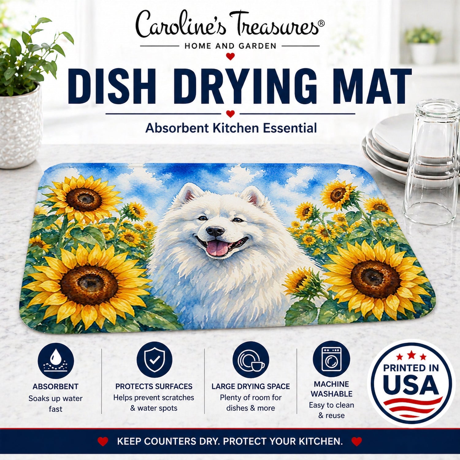 Samoyed in Sunflowers Dish Drying Mat Absorbent Dish Drying Mat Pad for Kitchen Counter Dish Drainer Mat for Countertop, 14 x 21", Multicolor