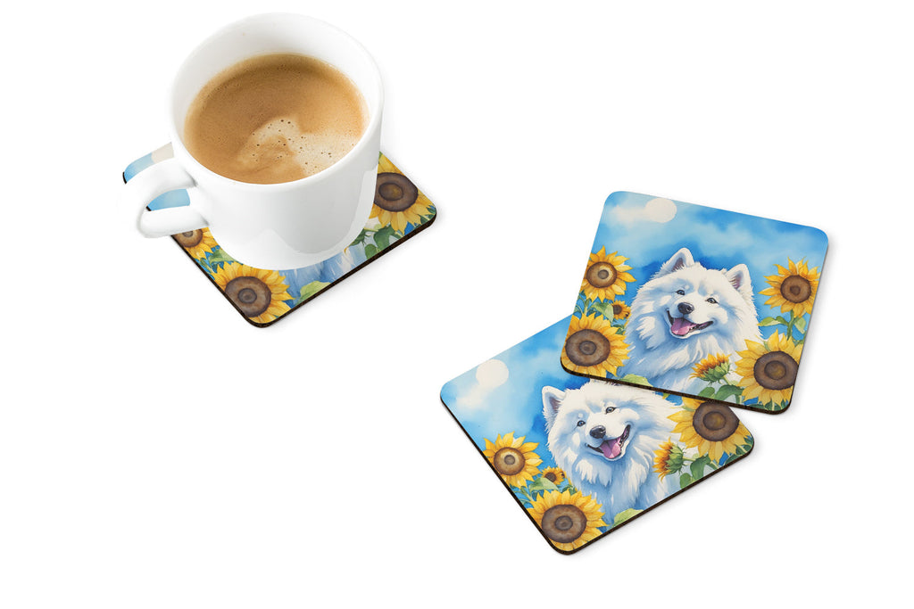 Samoyed in Sunflowers Foam Coasters Set of 4 Cup Coasters for Indoor Outdoor, Tabletop Protection, Anti Slip, Mouse pad Material