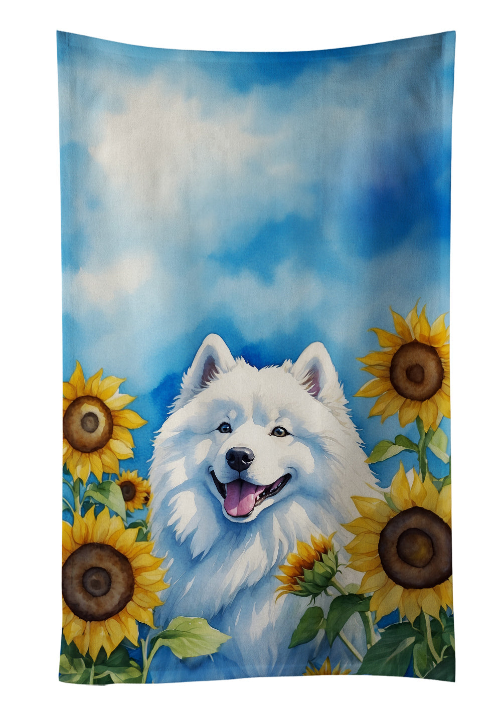 Samoyed in Sunflowers Kitchen Towel Velour Plush Front and Cotton Loop Back Machine Washable