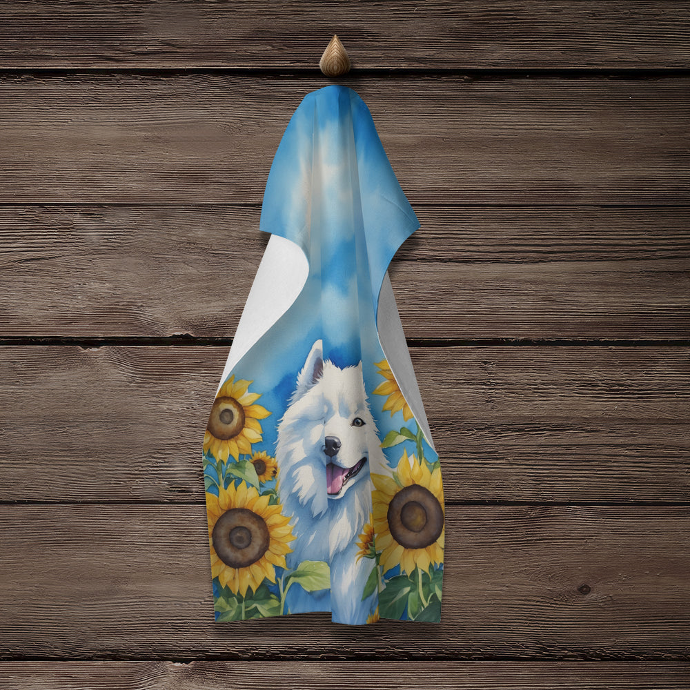 Samoyed in Sunflowers Kitchen Towel Velour Plush Front and Cotton Loop Back Machine Washable