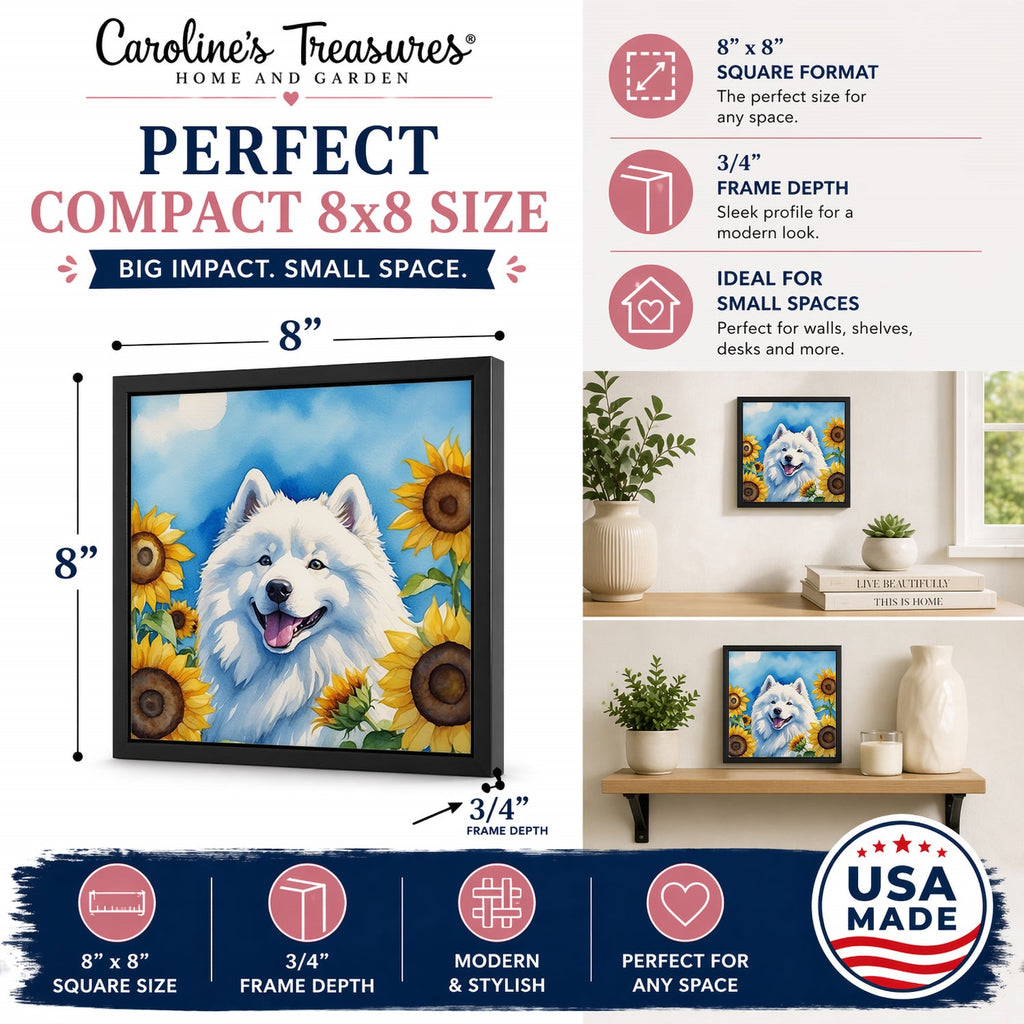 Samoyed in Sunflowers Framed Metal Print Bathroom, Kitchen, Office, Home Decor Wall Art Ready to Hang, Square, 8X8