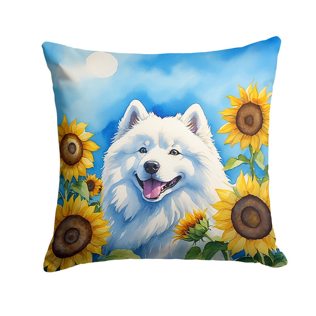 Samoyed in Sunflowers Decorative Throw Pillow 14x14 Indoor Outdoor Accent Cushion, Fabric Cover with Insert for Sofa, Bed, Porch & Living Room