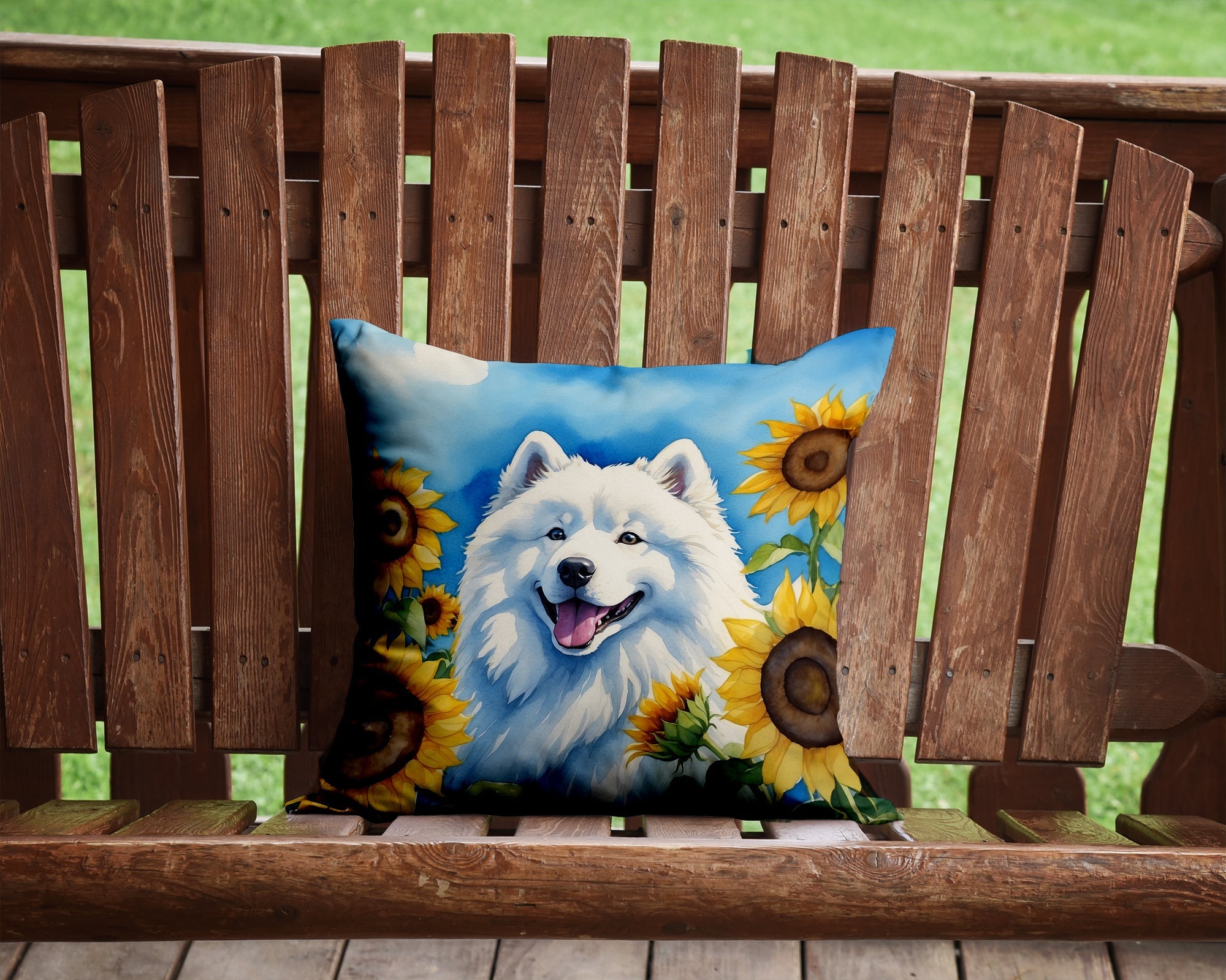 Samoyed in Sunflowers Decorative Throw Pillow 14x14 Indoor Outdoor Accent Cushion, Fabric Cover with Insert for Sofa, Bed, Porch & Living Room