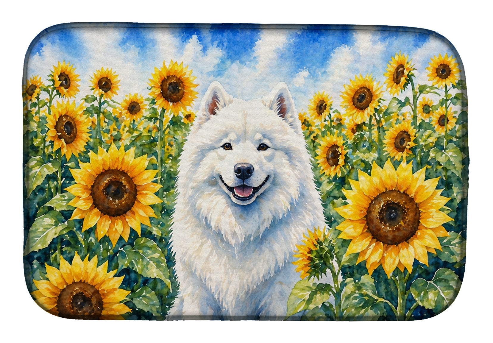 Samoyed in Sunflowers Dish Drying Mat Absorbent Dish Drying Mat Pad for Kitchen Counter Dish Drainer Mat for Countertop, 14 x 21", Multicolor