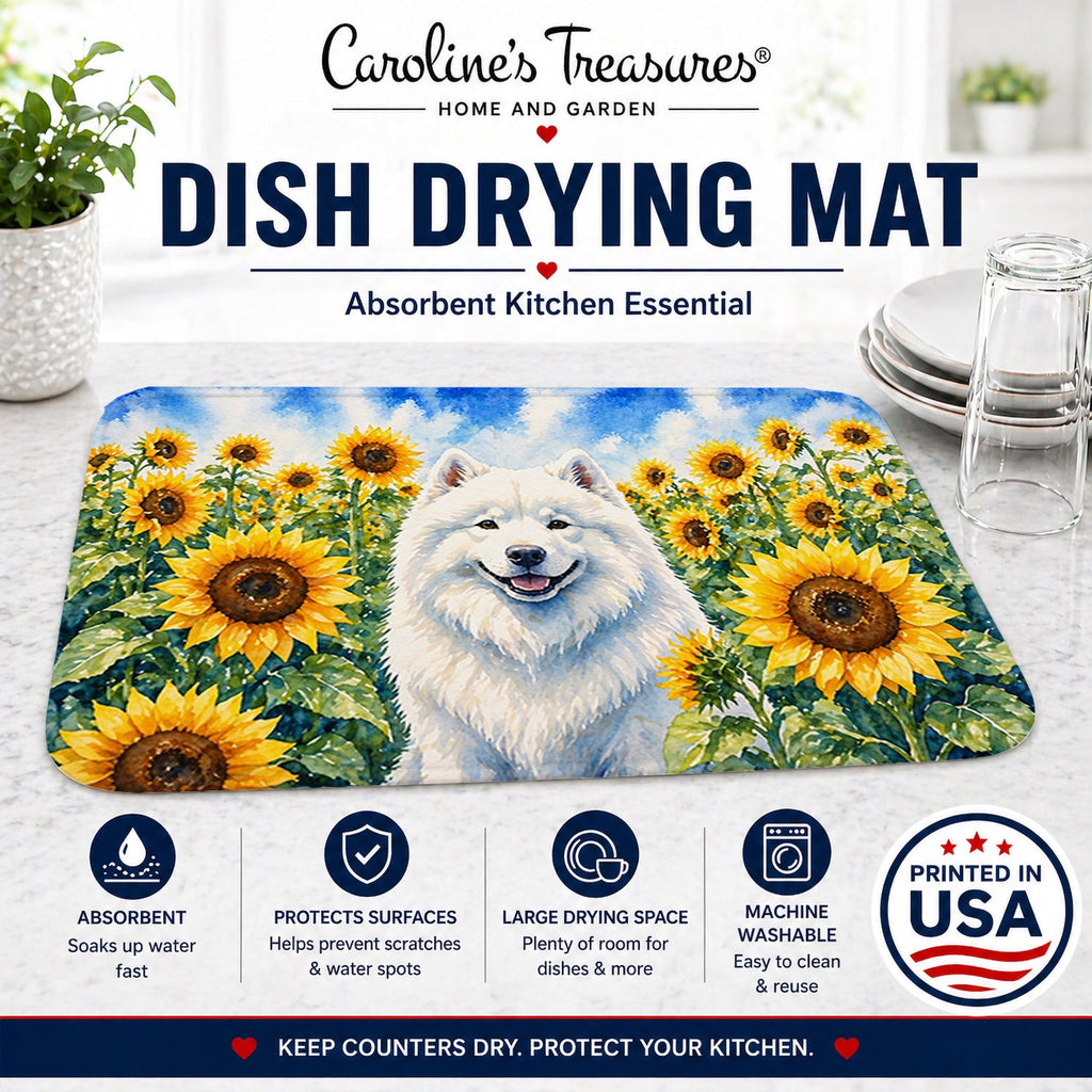 Samoyed in Sunflowers Dish Drying Mat Absorbent Dish Drying Mat Pad for Kitchen Counter Dish Drainer Mat for Countertop, 14 x 21", Multicolor