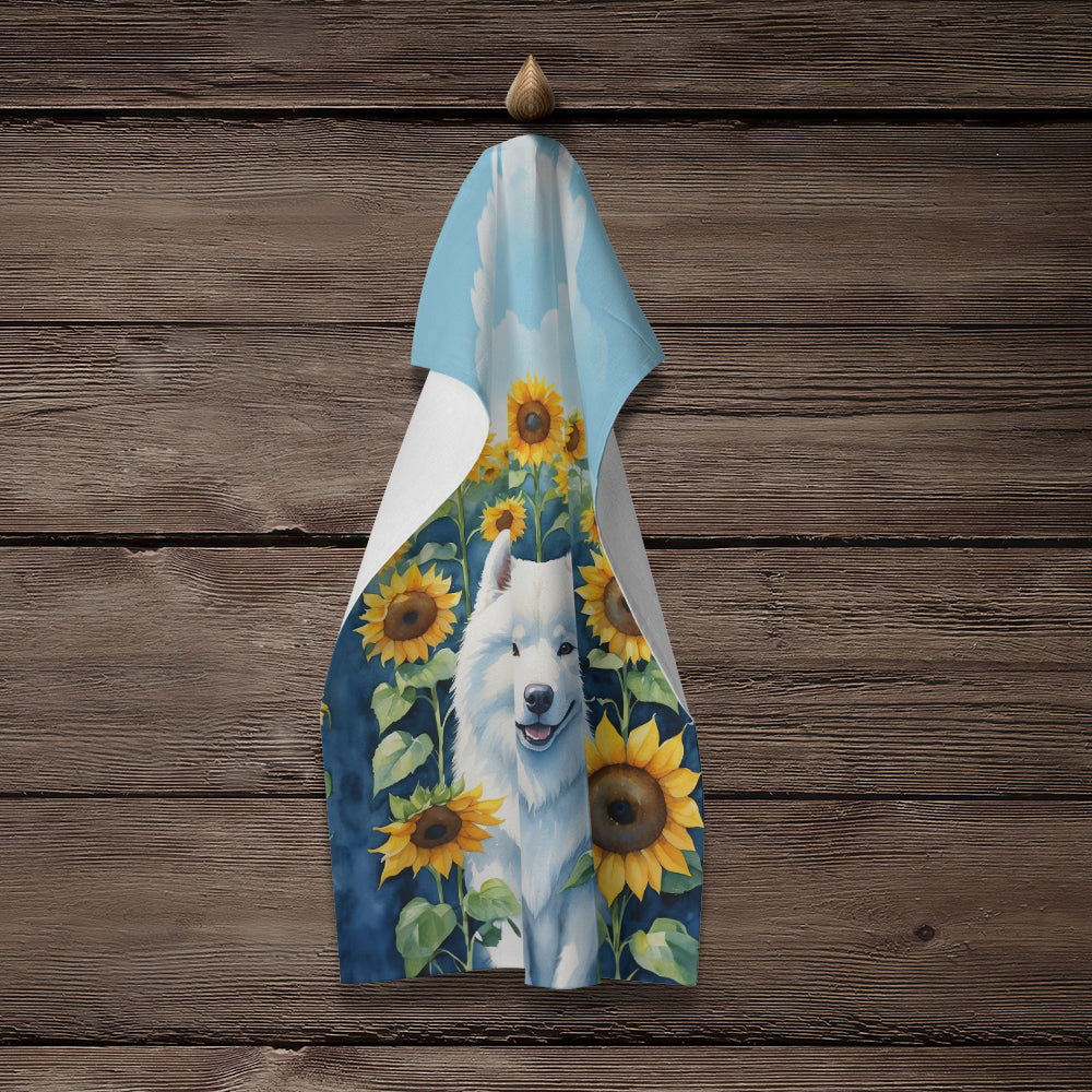 Samoyed in Sunflowers Kitchen Towel Velour Plush Front and Cotton Loop Back Machine Washable