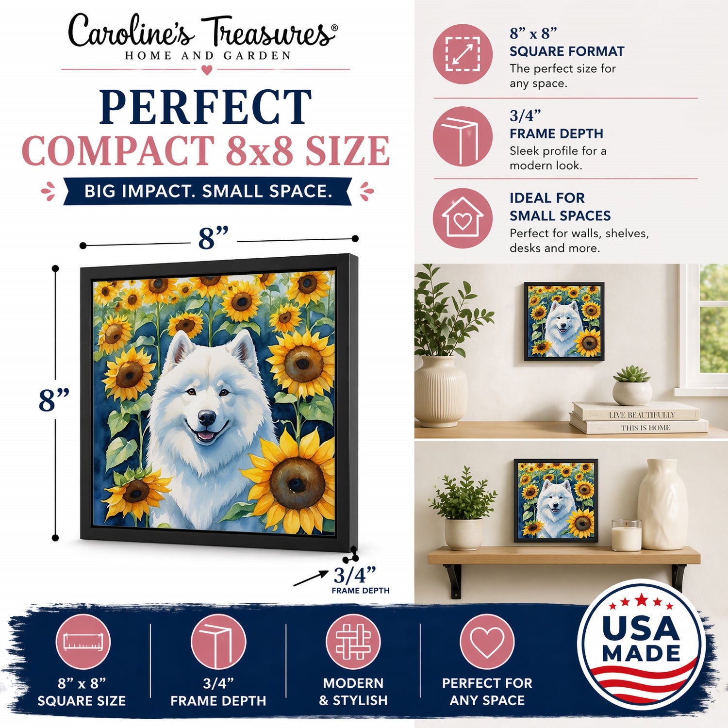 Samoyed in Sunflowers Framed Metal Print Bathroom, Kitchen, Office, Home Decor Wall Art Ready to Hang, Square, 8X8