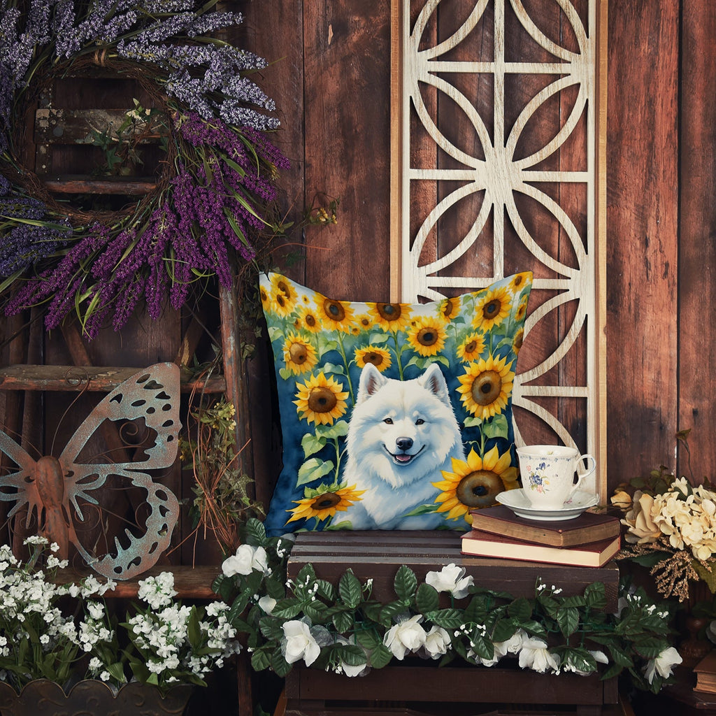 Samoyed in Sunflowers Decorative Throw Pillow 14x14 Indoor Outdoor Accent Cushion, Fabric Cover with Insert for Sofa, Bed, Porch & Living Room