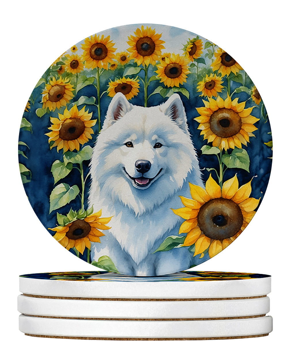 Samoyed in Sunflowers Large Sandstone Coasters Pack of 4 Absorbent Round Coasters Decor Gifts for Men or Women, 4 in, Multicolor