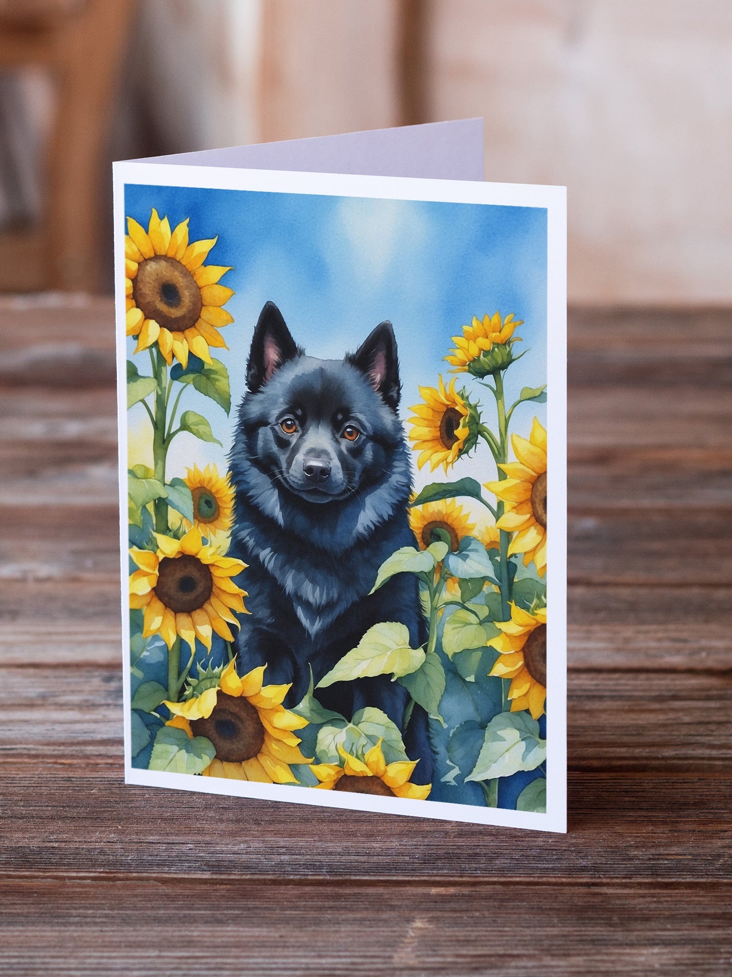 Schipperke in Sunflowers Greeting Cards Pack of 8 Blank Cards with Envelopes Whimsical A7 Size 5x7