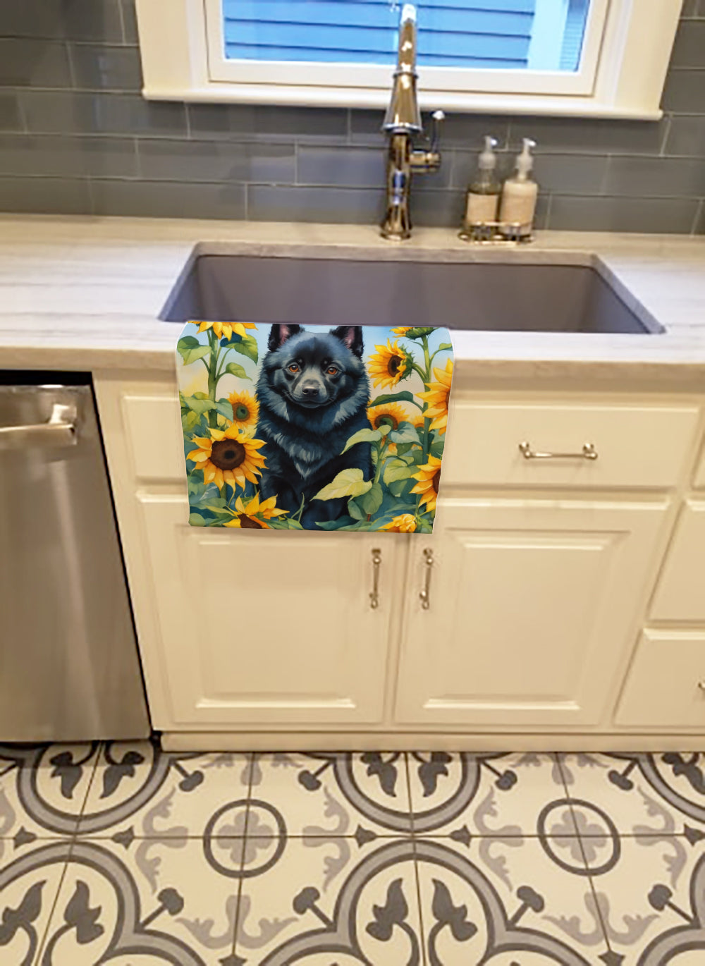 Schipperke in Sunflowers Kitchen Towel Velour Plush Front and Cotton Loop Back Machine Washable