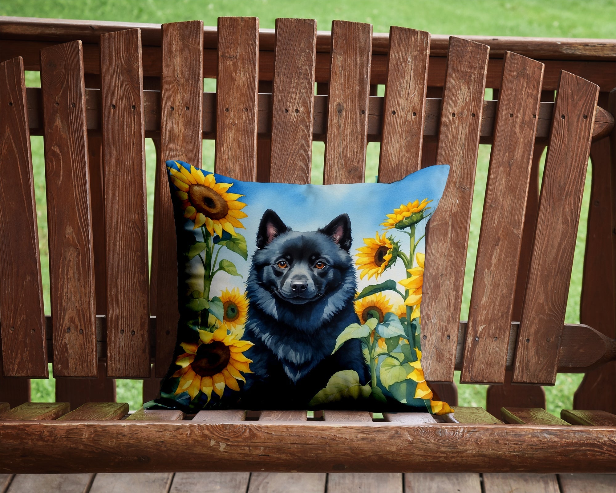 Schipperke in Sunflowers Decorative Throw Pillow 14x14 Indoor Outdoor Accent Cushion, Fabric Cover with Insert for Sofa, Bed, Porch & Living Room