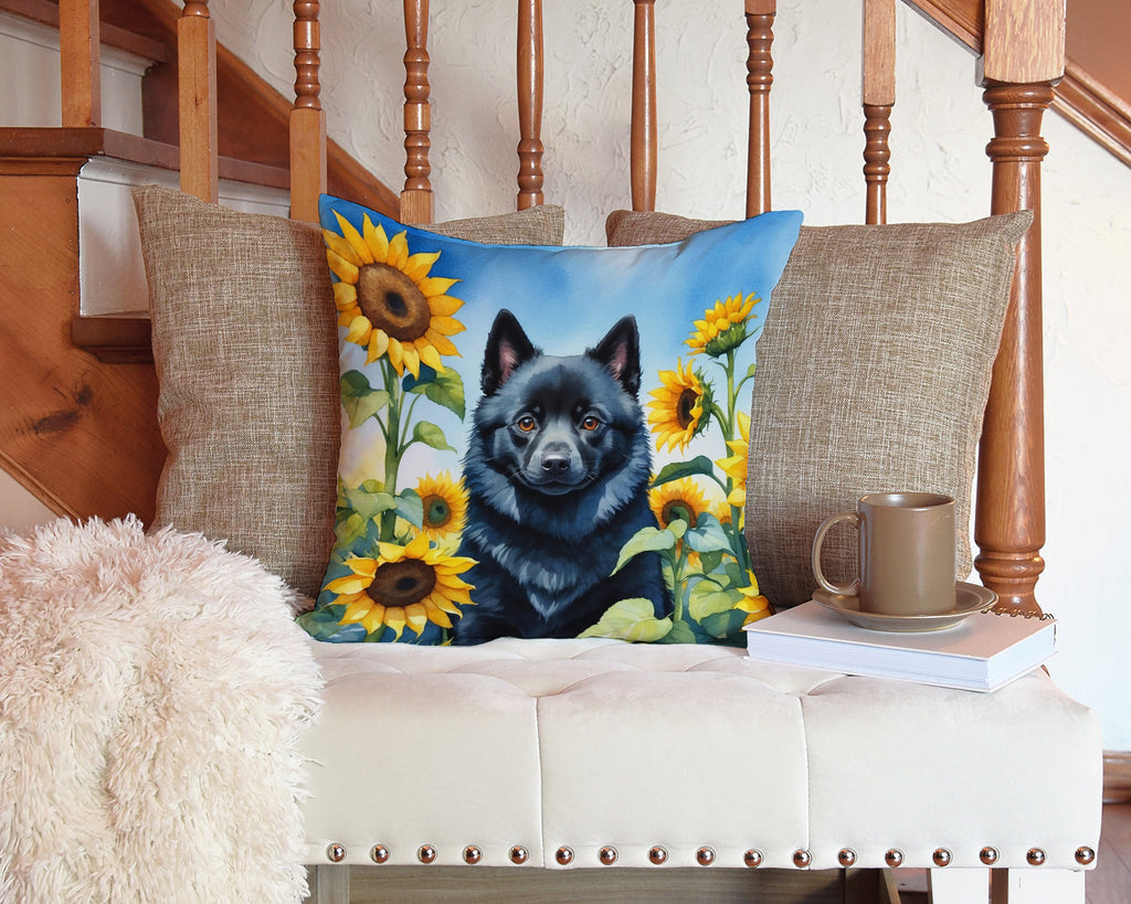 Schipperke in Sunflowers Decorative Throw Pillow 14x14 Indoor Outdoor Accent Cushion, Fabric Cover with Insert for Sofa, Bed, Porch & Living Room