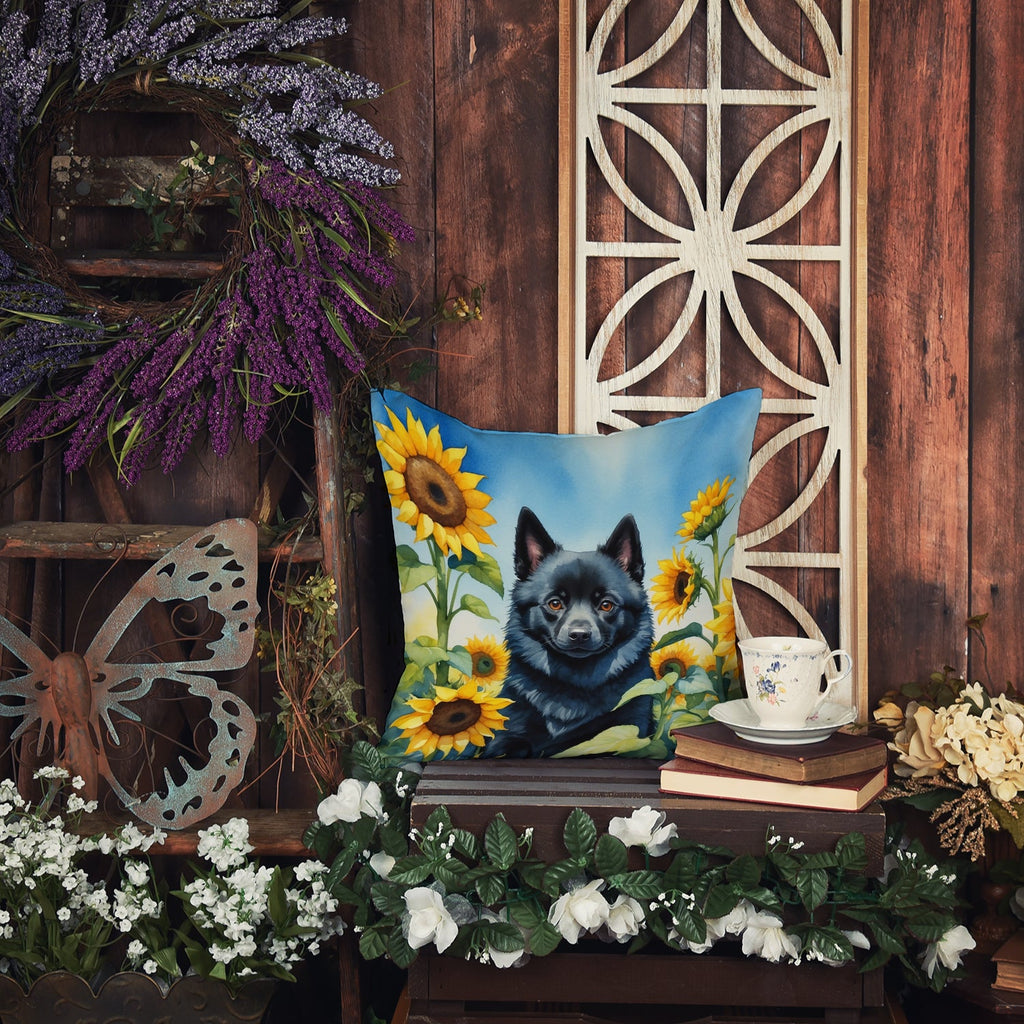 Schipperke in Sunflowers Decorative Throw Pillow 14x14 Indoor Outdoor Accent Cushion, Fabric Cover with Insert for Sofa, Bed, Porch & Living Room