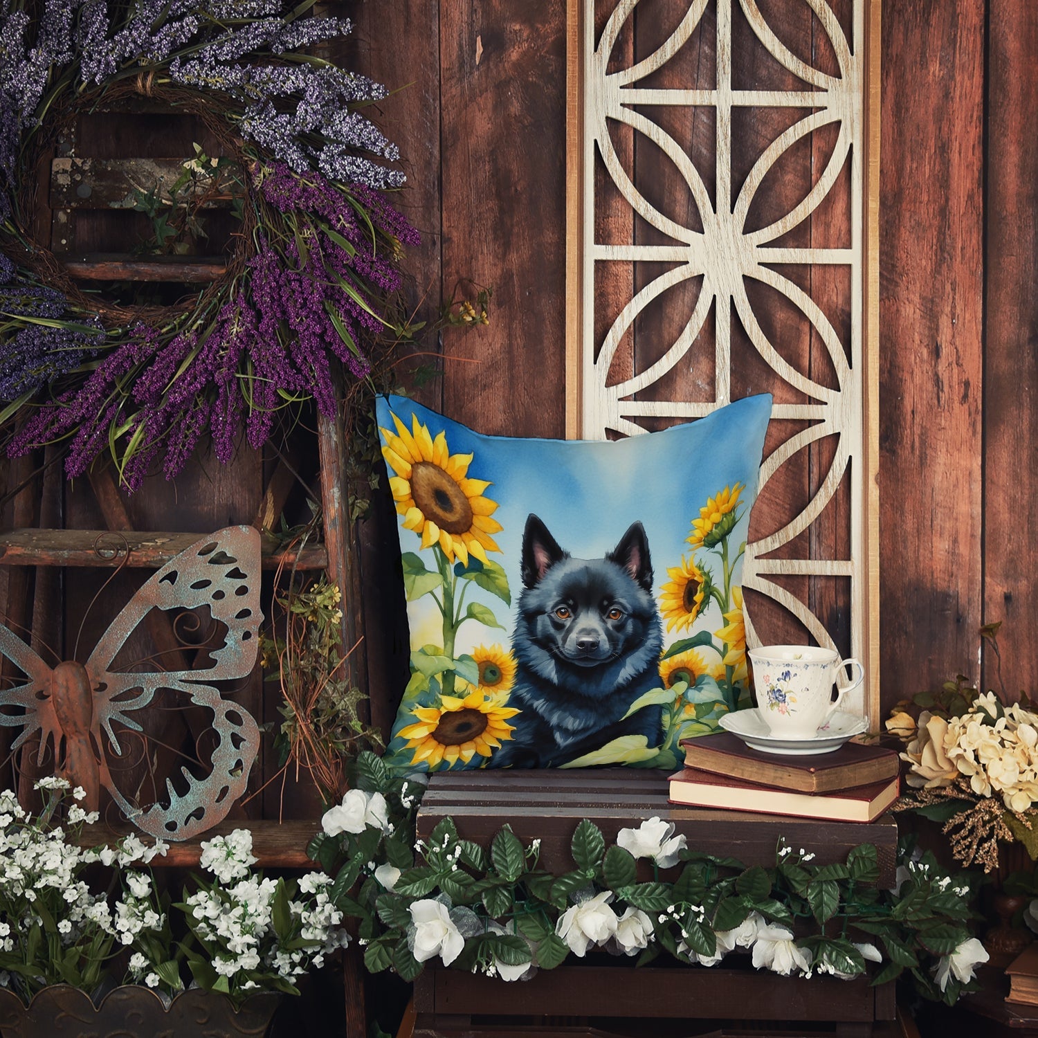 Schipperke in Sunflowers Decorative Throw Pillow 14x14 Indoor Outdoor Accent Cushion, Fabric Cover with Insert for Sofa, Bed, Porch & Living Room