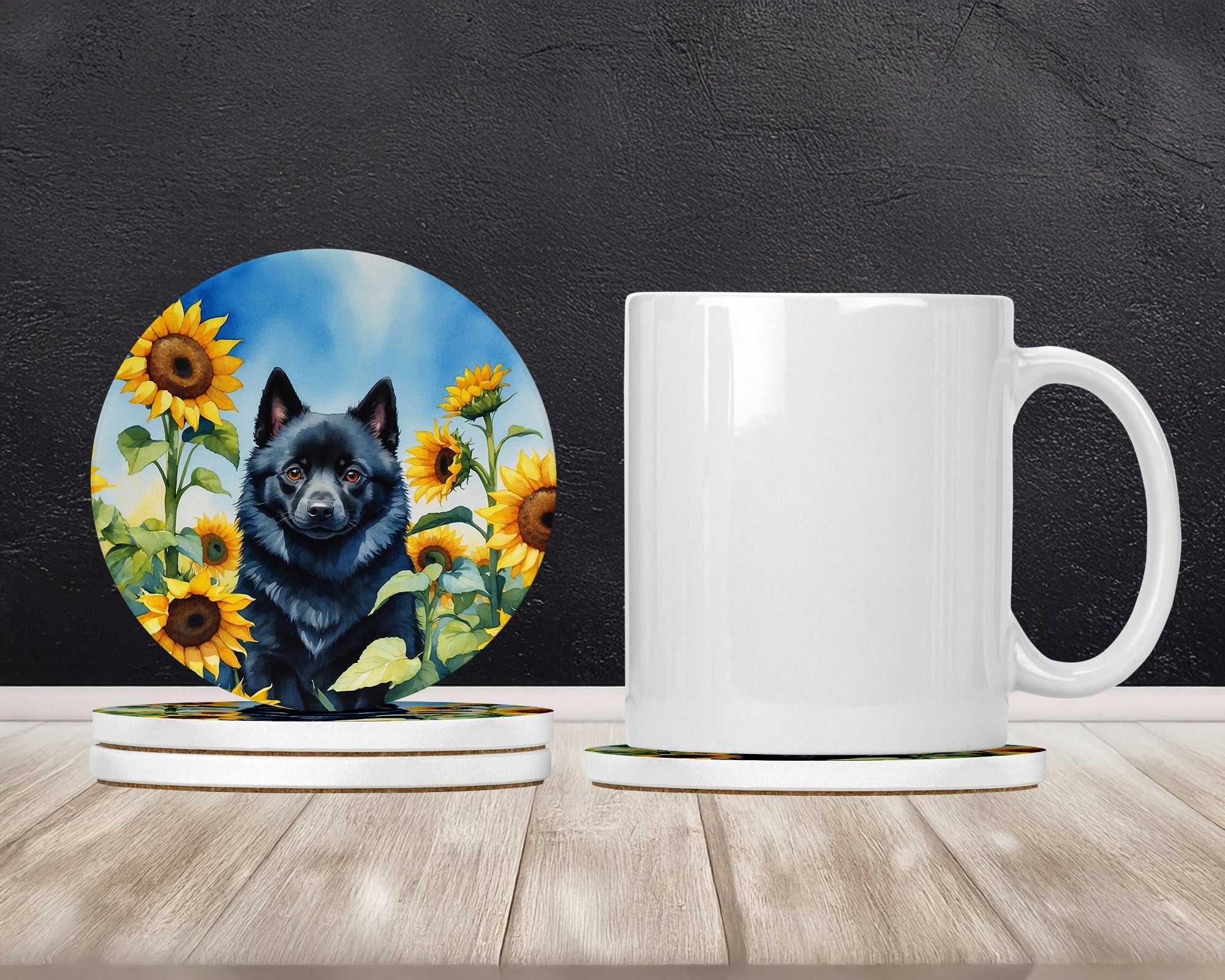 Schipperke in Sunflowers Large Sandstone Coasters Pack of 4 Absorbent Round Coasters Decor Gifts for Men or Women, 4 in, Multicolor
