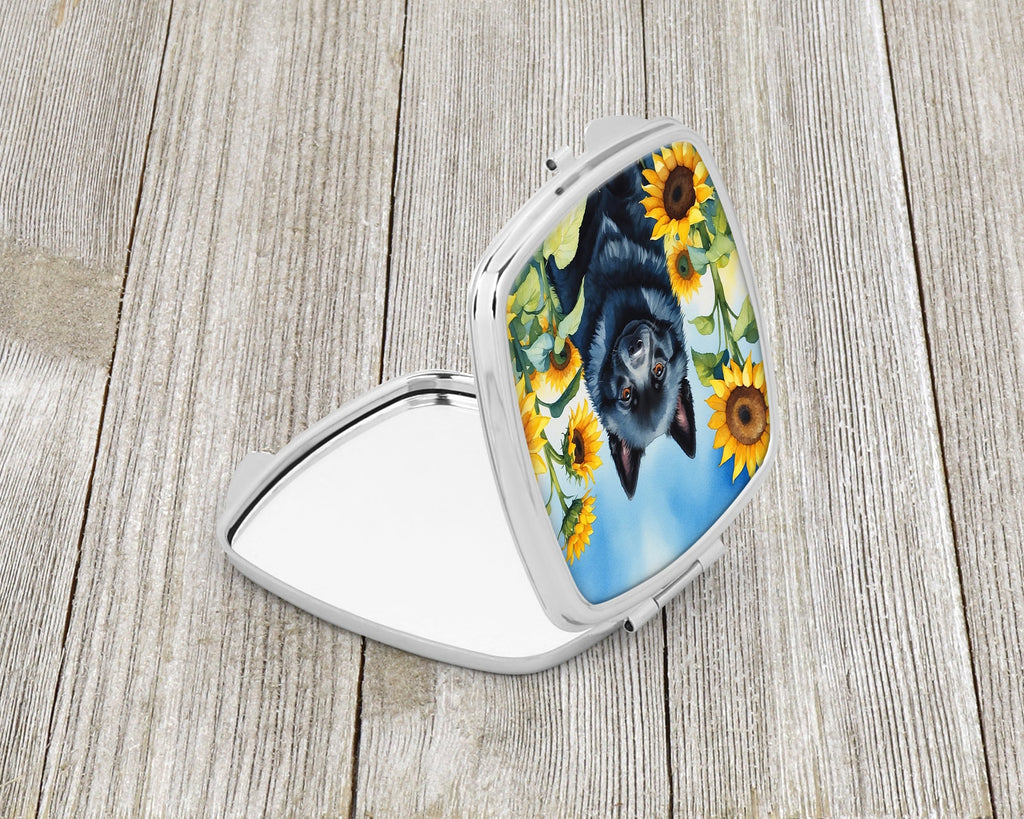 Schipperke in Sunflowers Compact Mirror Decorative Travel Makeup Mirror for Women Girls Gifts Pocket Makeup Mirror Folding Handheld