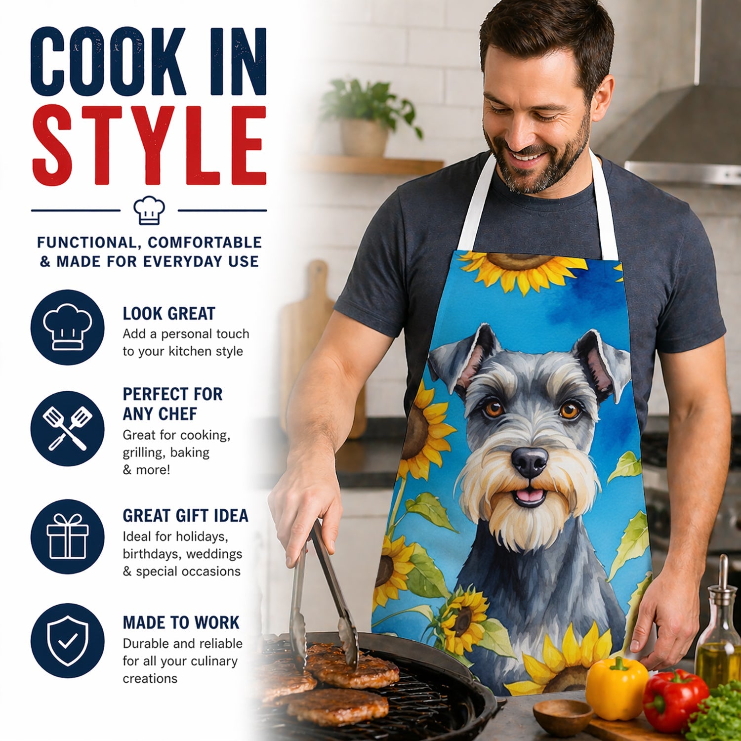 Schnauzer in Sunflowers Apron Cooking Kitchen Server Baking Crafts Gardening for Adult Women Men, Unisex, Large, Multicolor