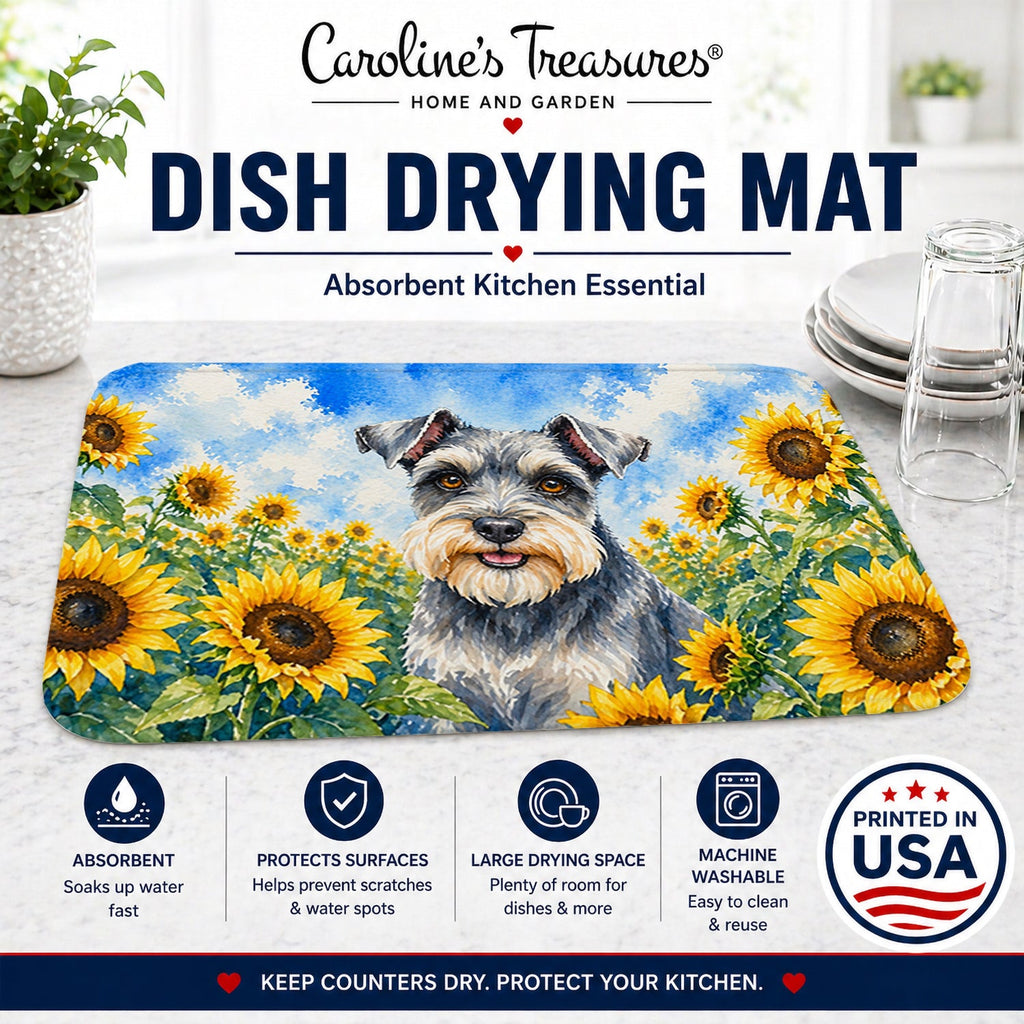 Schnauzer in Sunflowers Dish Drying Mat Absorbent Dish Drying Mat Pad for Kitchen Counter Dish Drainer Mat for Countertop, 14 x 21", Multicolor