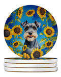 Schnauzer in Sunflowers Large Sandstone Coasters Pack of 4 Absorbent Round Coasters Decor Gifts for Men or Women, 4 in, Multicolor