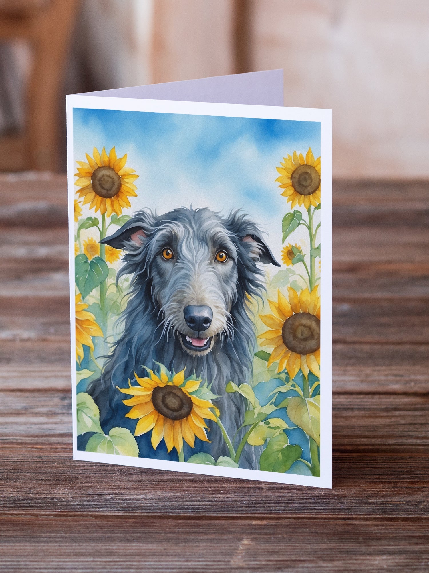 Scottish Deerhound in Sunflowers Greeting Cards Pack of 8 Blank Cards with Envelopes Whimsical A7 Size 5x7