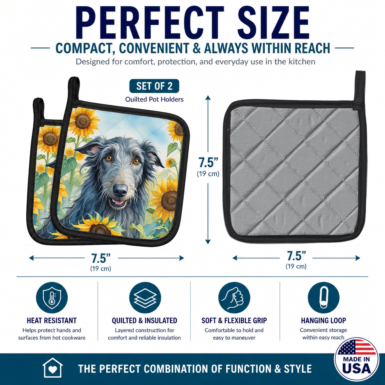 Scottish Deerhound in Sunflowers Pot Holder Set of 2 Heat Resistant Quilted Hot Pads 7.5 x 7.5 Inch, Insulated Kitchen Trivets for Cooking & Baking