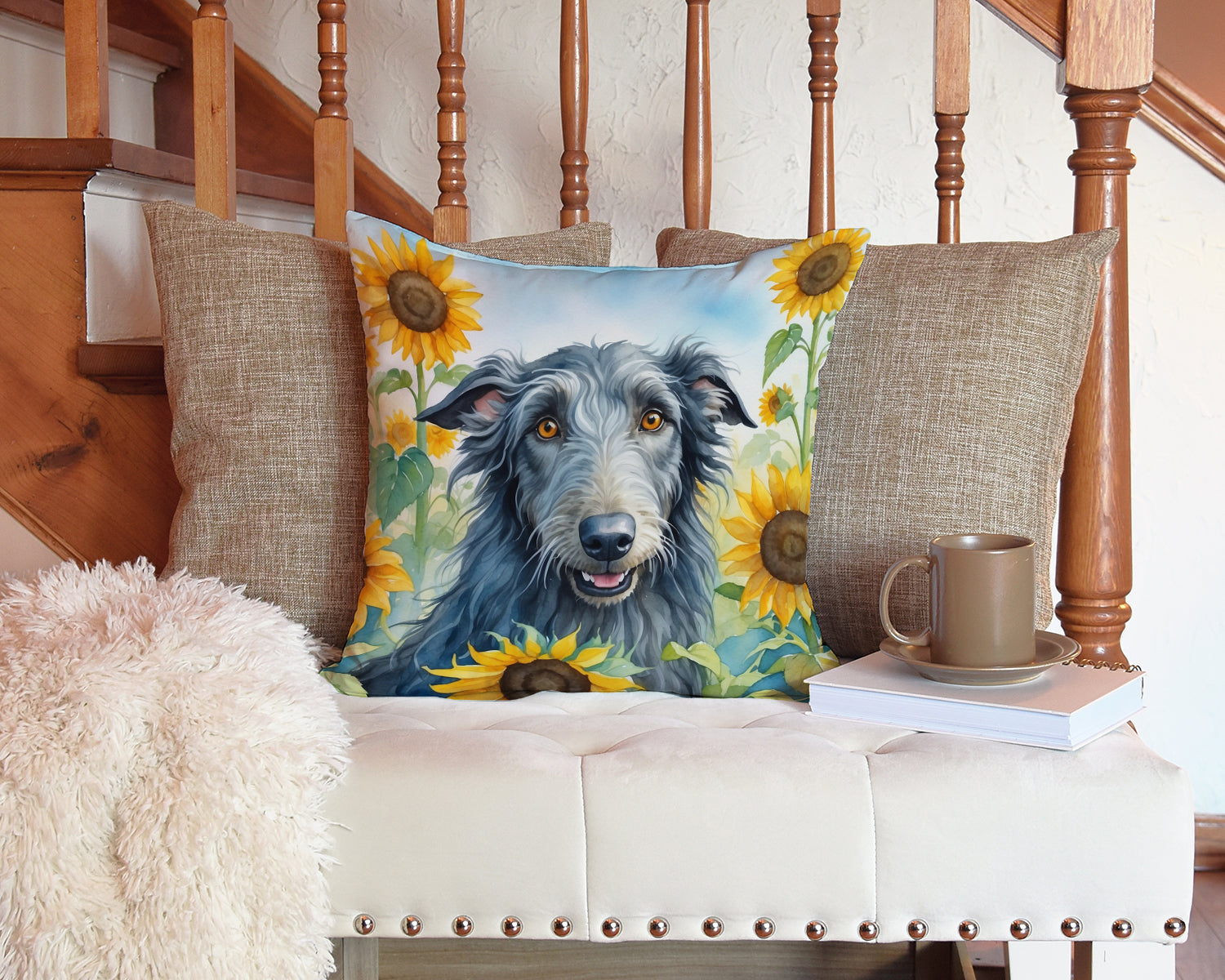 Scottish Deerhound in Sunflowers Decorative Throw Pillow 14x14 Indoor Outdoor Accent Cushion, Fabric Cover with Insert for Sofa, Bed, Porch & Living Room