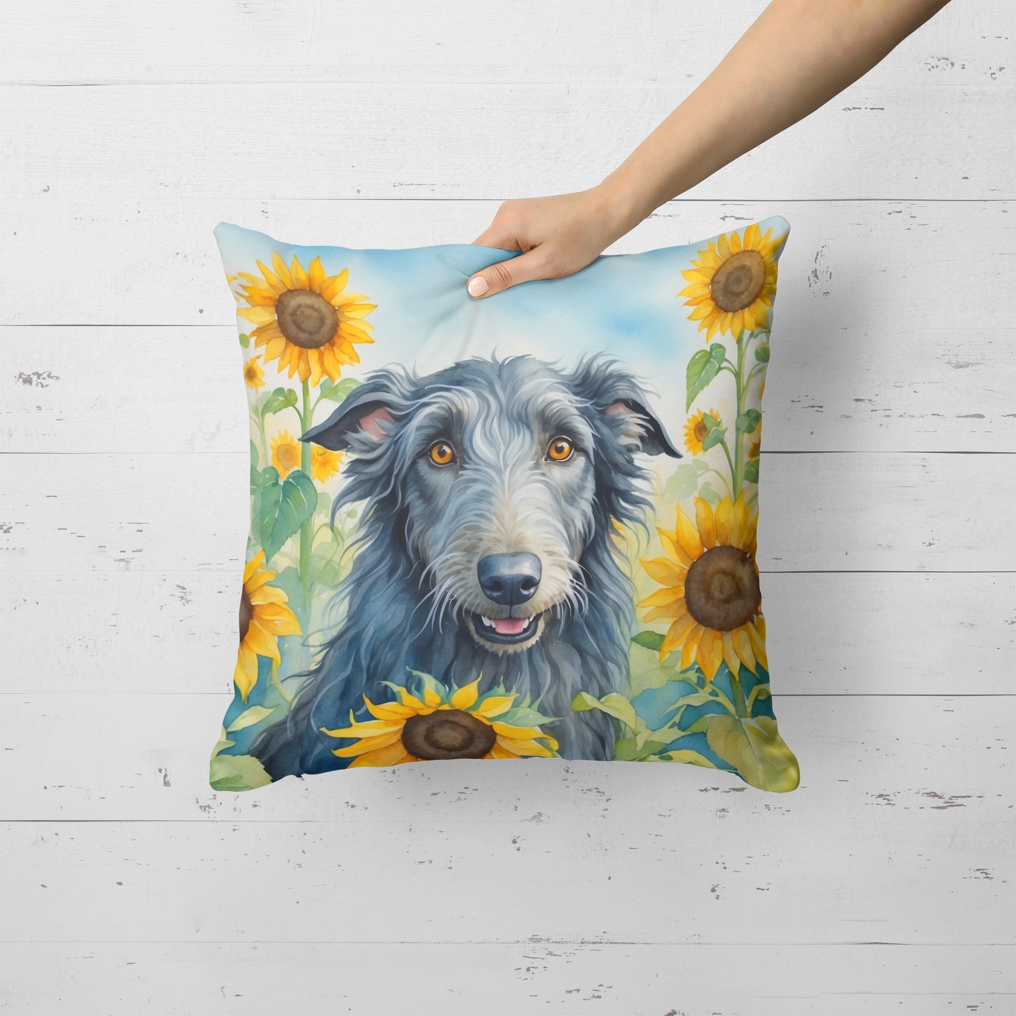 Scottish Deerhound in Sunflowers Decorative Throw Pillow 18x18 Indoor Outdoor Accent Cushion, Fabric Cover with Insert for Sofa, Bed, Porch & Living Room