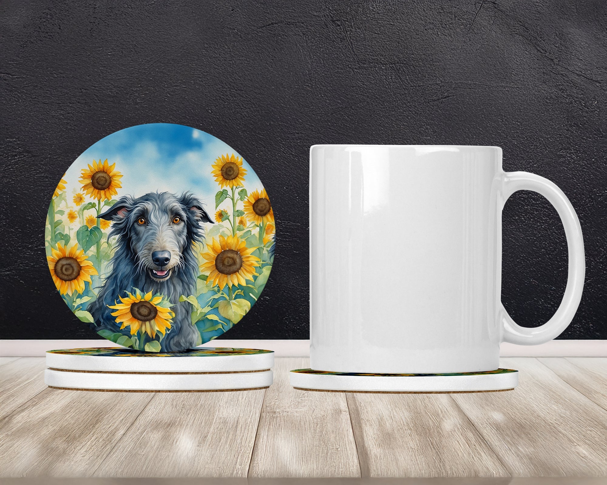 Scottish Deerhound in Sunflowers Large Sandstone Coasters Pack of 4 Absorbent Round Coasters Decor Gifts for Men or Women, 4 in, Multicolor