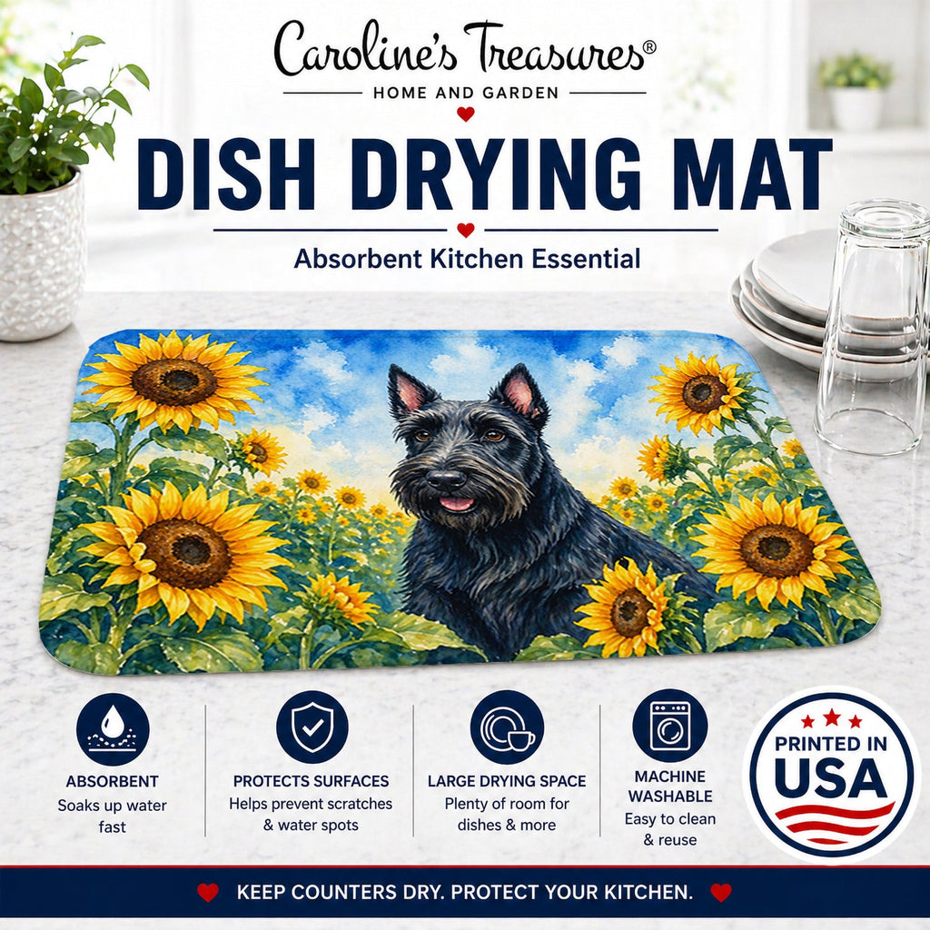 Scottish Terrier in Sunflowers Dish Drying Mat Absorbent Dish Drying Mat Pad for Kitchen Counter Dish Drainer Mat for Countertop, 14 x 21", Multicolor