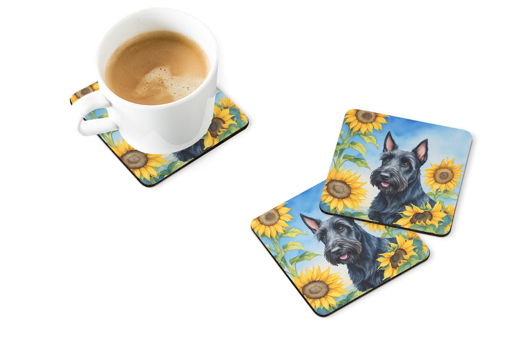 Scottish Terrier in Sunflowers Foam Coasters Set of 4 Cup Coasters for Indoor Outdoor, Tabletop Protection, Anti Slip, Mouse pad Material
