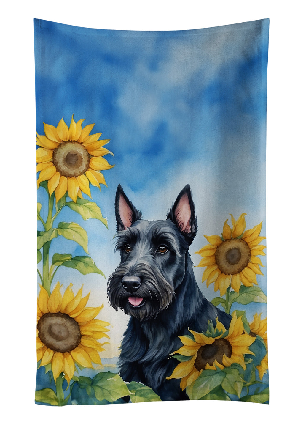 Scottish Terrier in Sunflowers Kitchen Towel Velour Plush Front and Cotton Loop Back Machine Washable