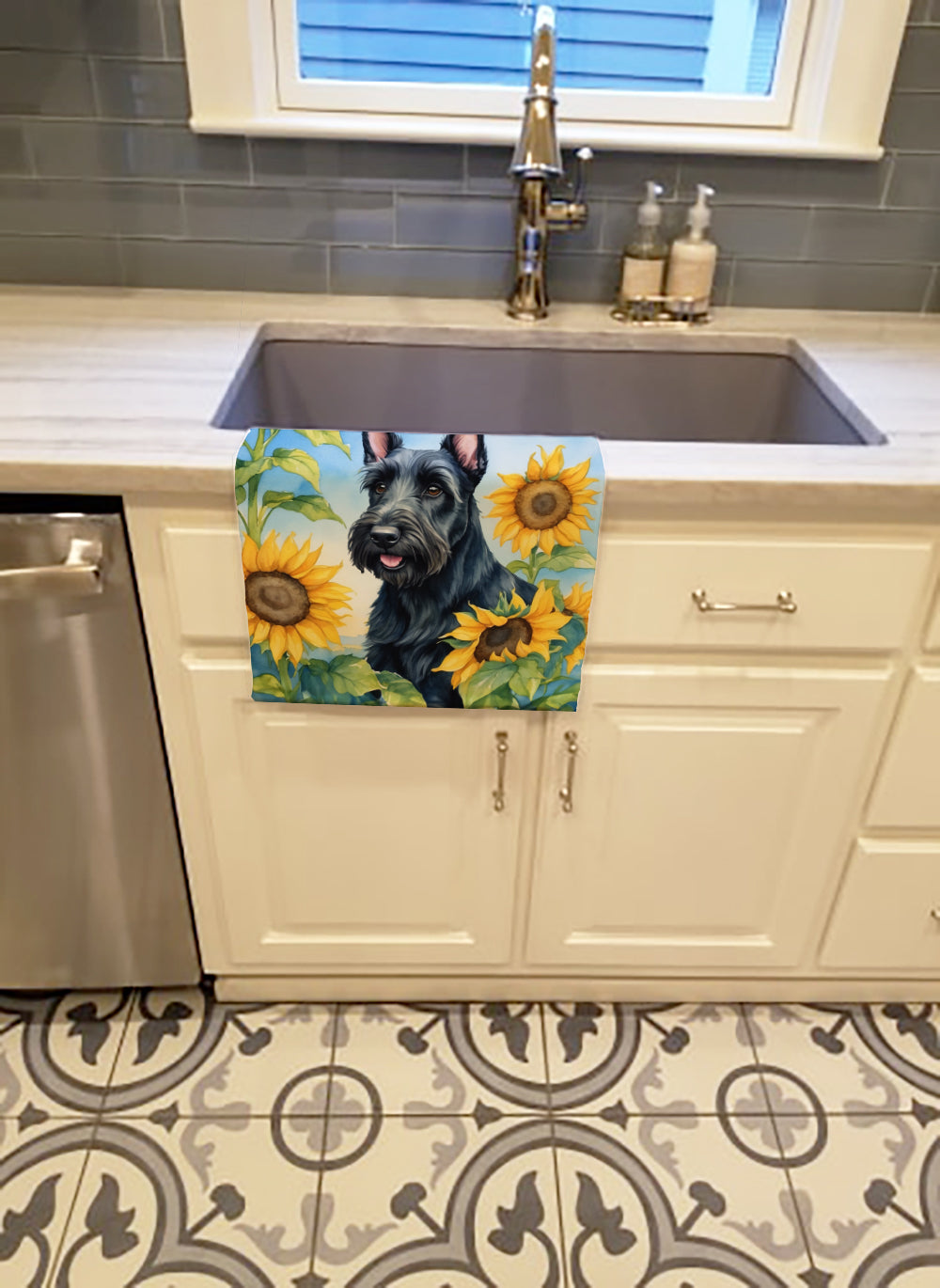 Scottish Terrier in Sunflowers Kitchen Towel Velour Plush Front and Cotton Loop Back Machine Washable