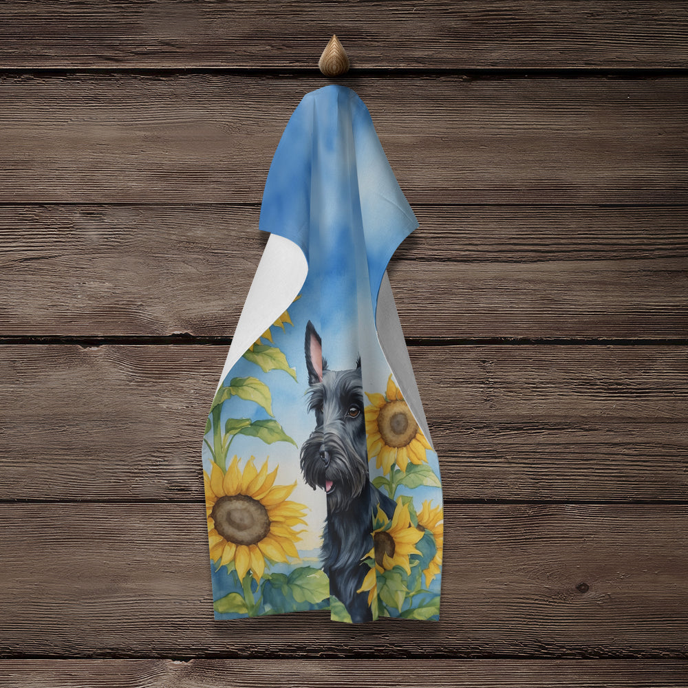 Scottish Terrier in Sunflowers Kitchen Towel Velour Plush Front and Cotton Loop Back Machine Washable
