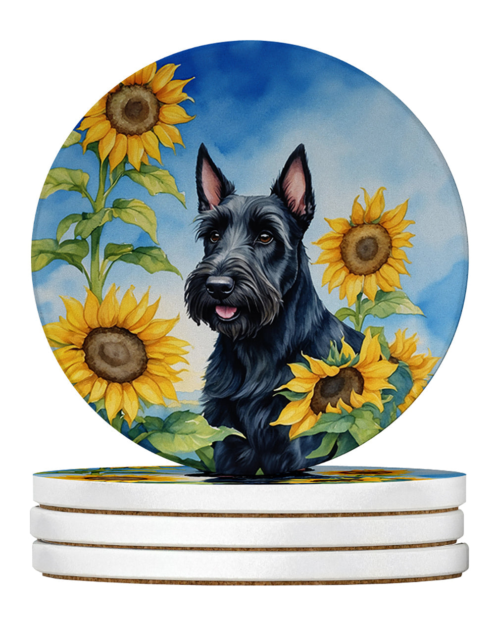 Scottish Terrier in Sunflowers Large Sandstone Coasters Pack of 4 Absorbent Round Coasters Decor Gifts for Men or Women, 4 in, Multicolor