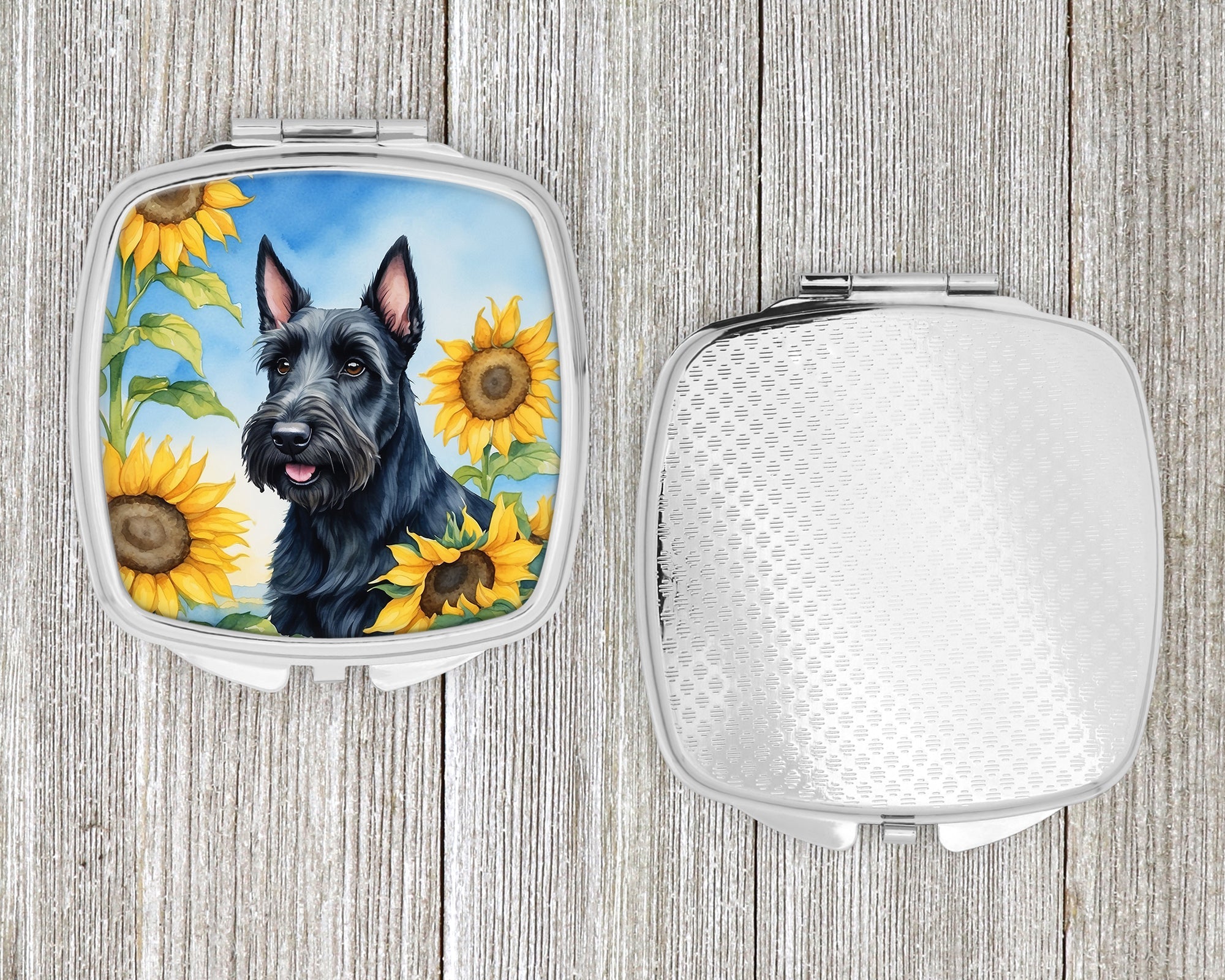 Scottish Terrier in Sunflowers Compact Mirror Decorative Travel Makeup Mirror for Women Girls Gifts Pocket Makeup Mirror Folding Handheld
