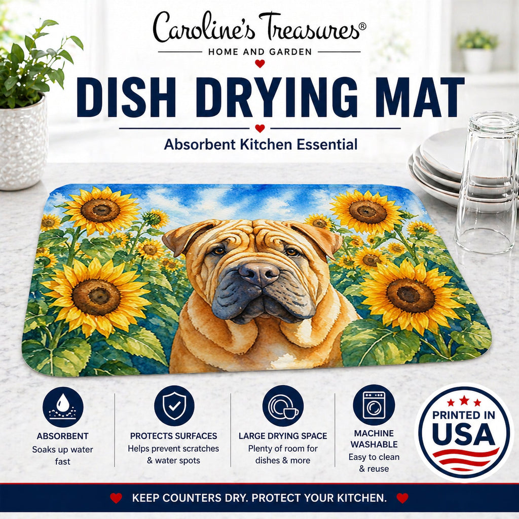 Shar Pei in Sunflowers Dish Drying Mat Absorbent Dish Drying Mat Pad for Kitchen Counter Dish Drainer Mat for Countertop, 14 x 21", Multicolor