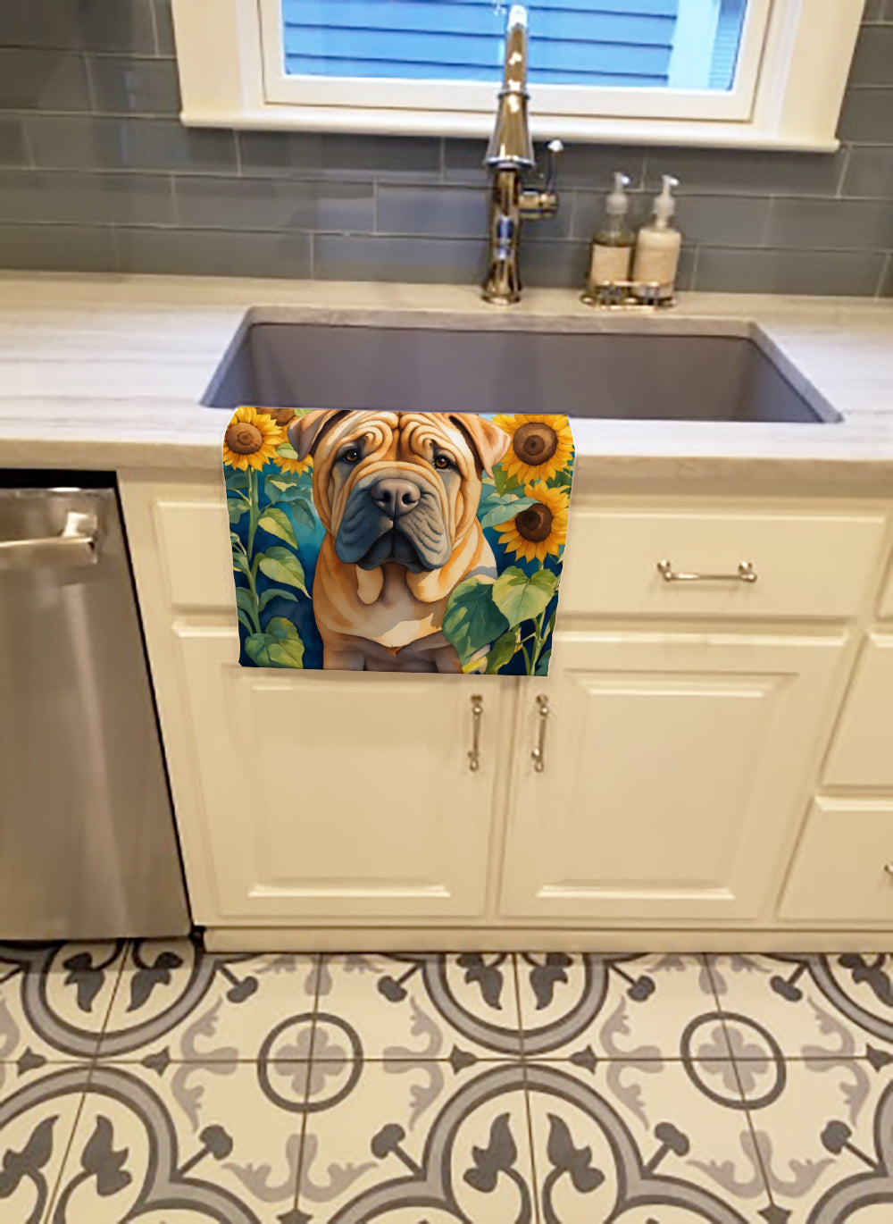 Shar Pei in Sunflowers Kitchen Towel Velour Plush Front and Cotton Loop Back Machine Washable