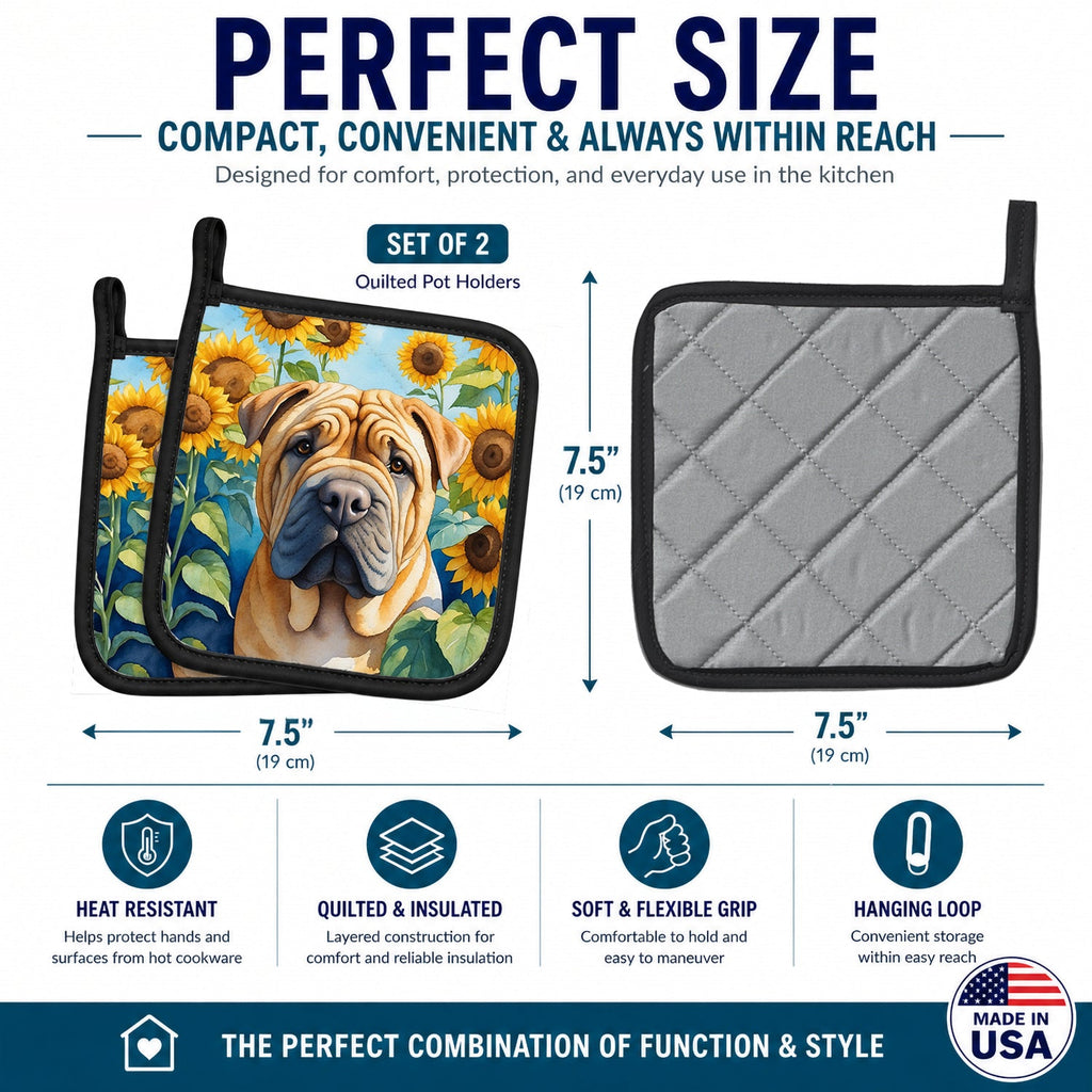Shar Pei in Sunflowers Pot Holder Set of 2 Heat Resistant Quilted Hot Pads 7.5 x 7.5 Inch, Insulated Kitchen Trivets for Cooking & Baking