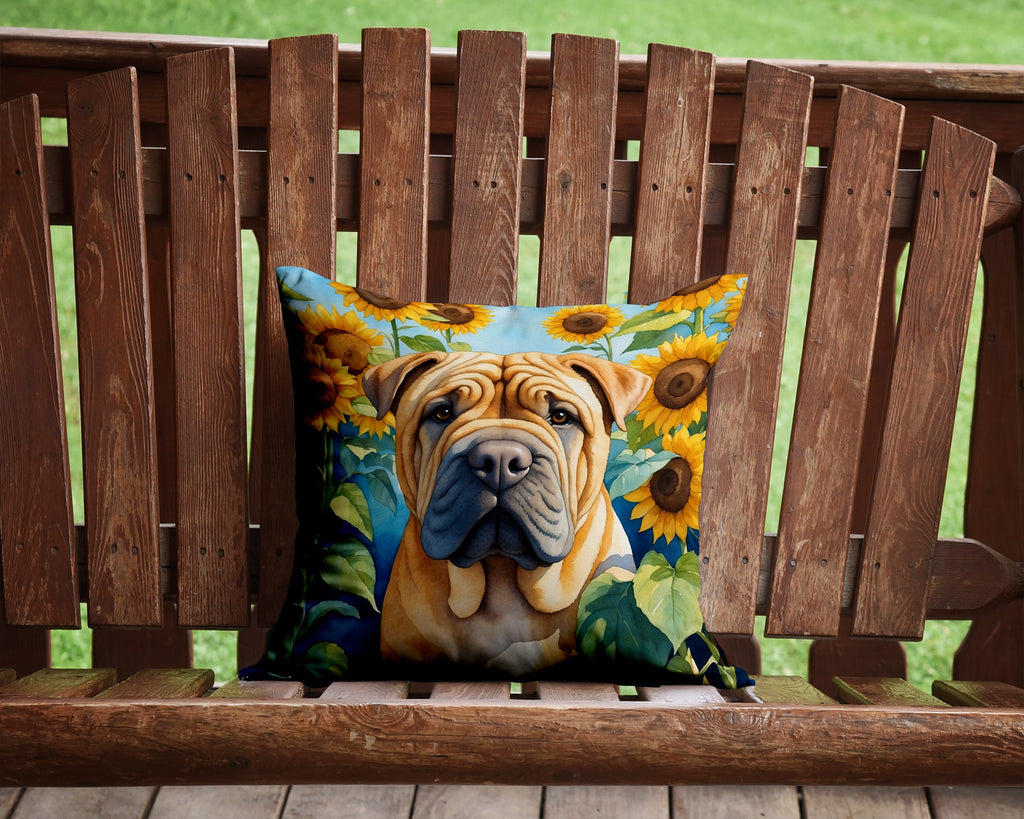 Shar Pei in Sunflowers Decorative Throw Pillow 14x14 Indoor Outdoor Accent Cushion, Fabric Cover with Insert for Sofa, Bed, Porch & Living Room